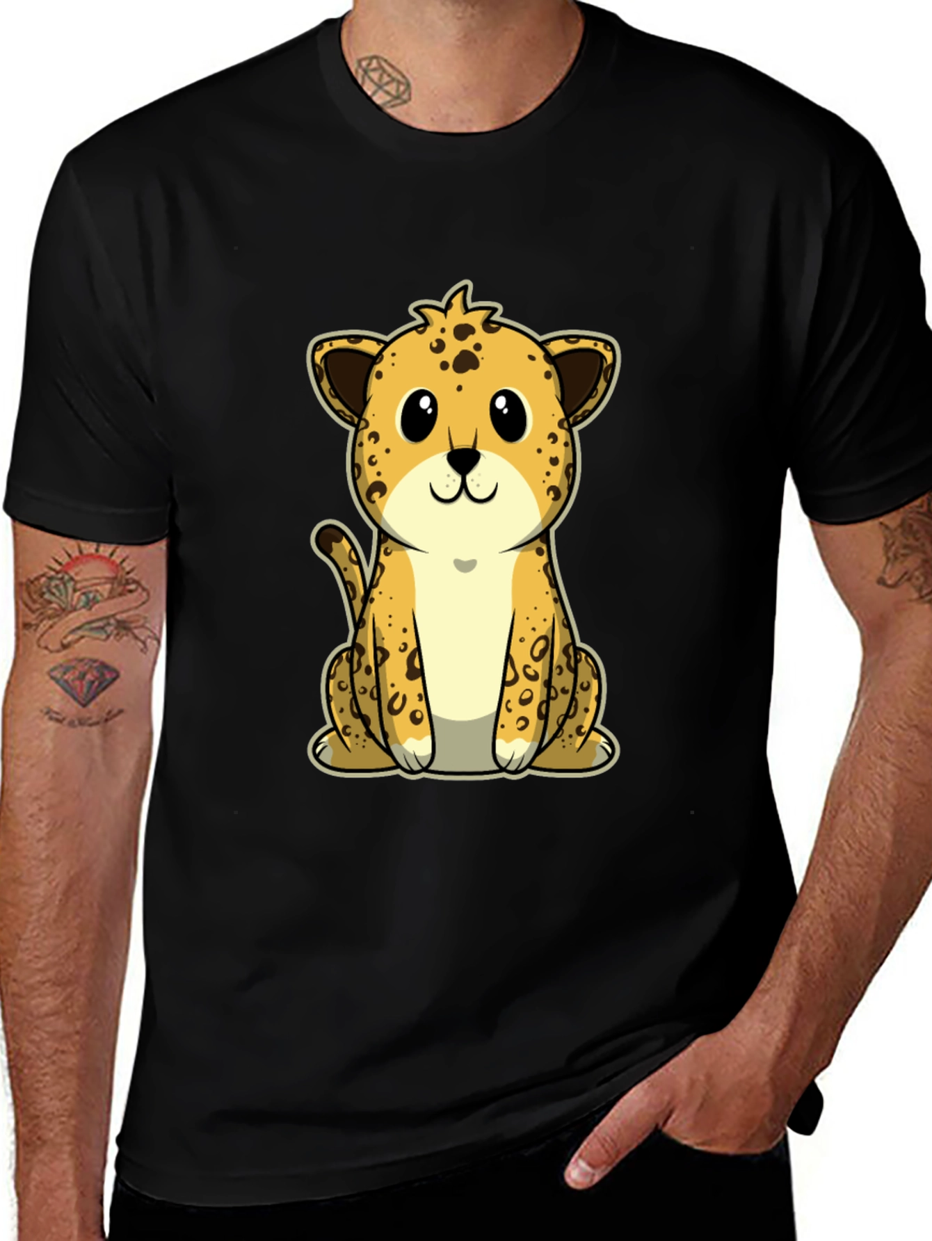 Cute Cartoon Leopard Graphic Tee - Black