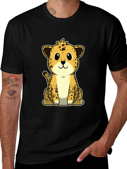 Cute Cartoon Leopard Graphic Tee - Black