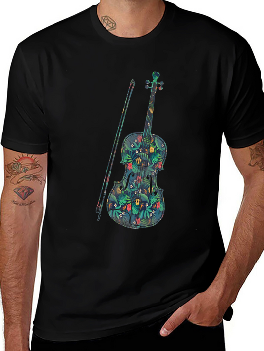 Floral Violin Graphic Tee - Black Cotton Musician Shirt