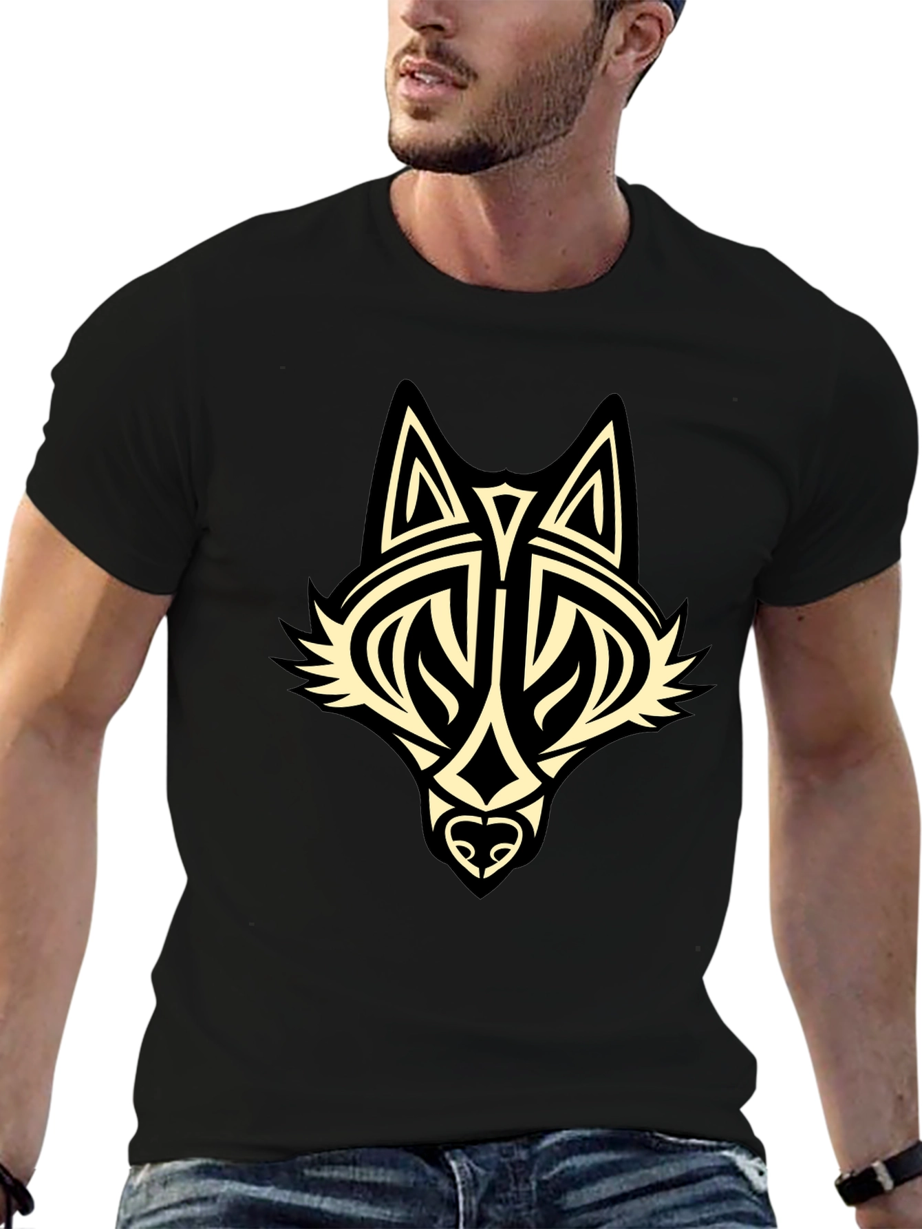 Tribal Wolf Graphic Black T-Shirt