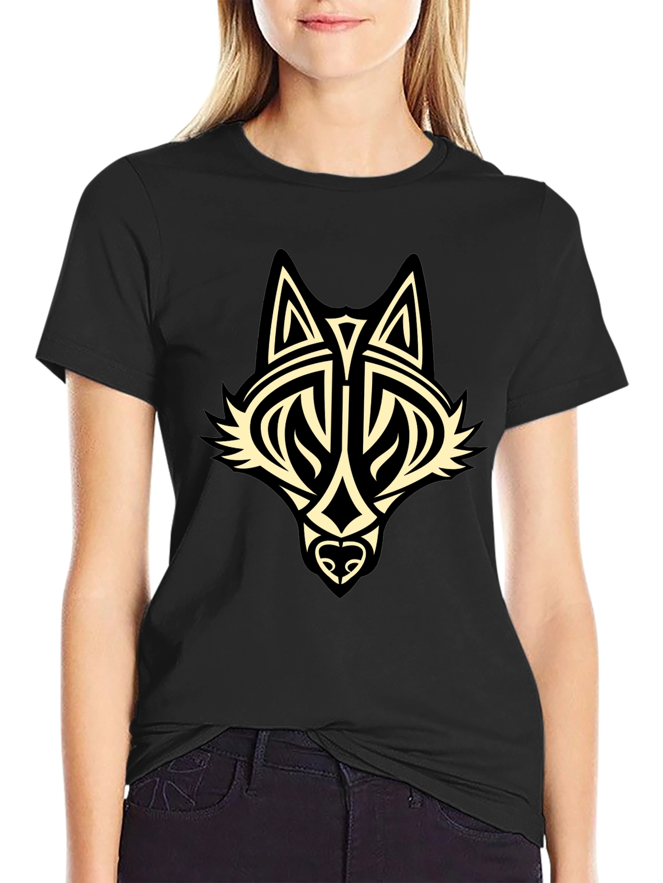 Tribal Wolf Graphic Black T-Shirt