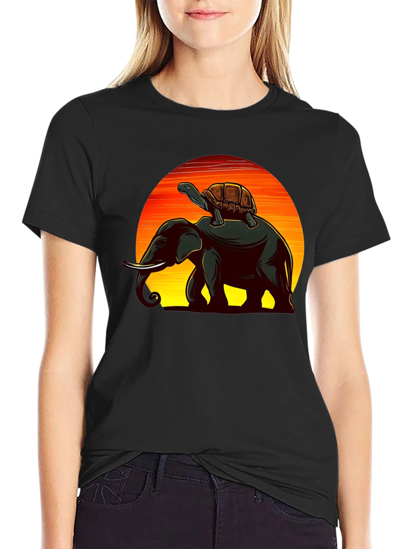 Elephant & Turtle Graphic Black T-Shirt