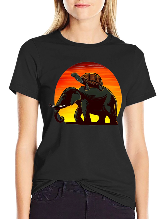 Elephant & Turtle Graphic Black T-Shirt