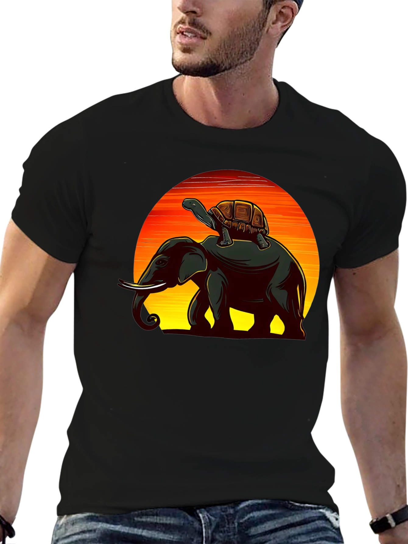 Elephant & Turtle Graphic Black T-Shirt