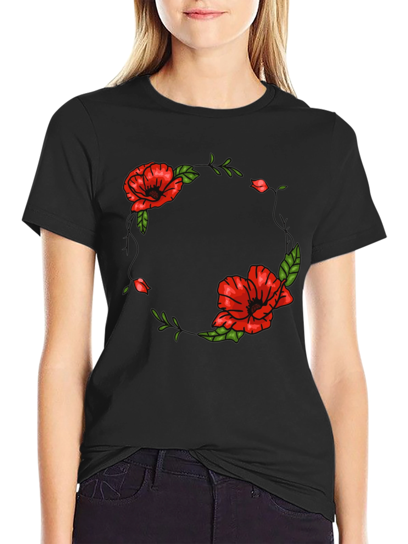 Floral Poppy Graphic Black T-Shirt