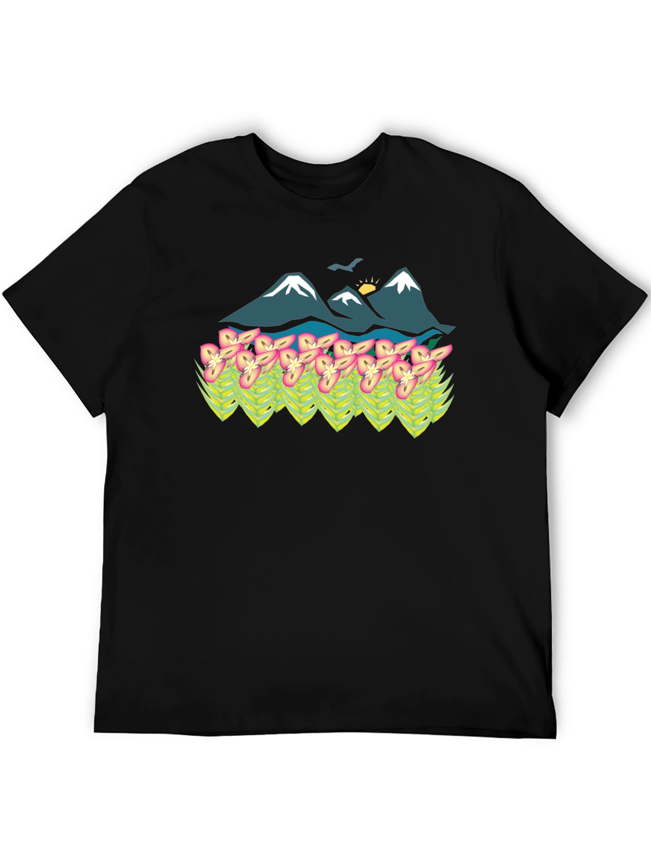 Mountain & Flower Graphic Tee - Black