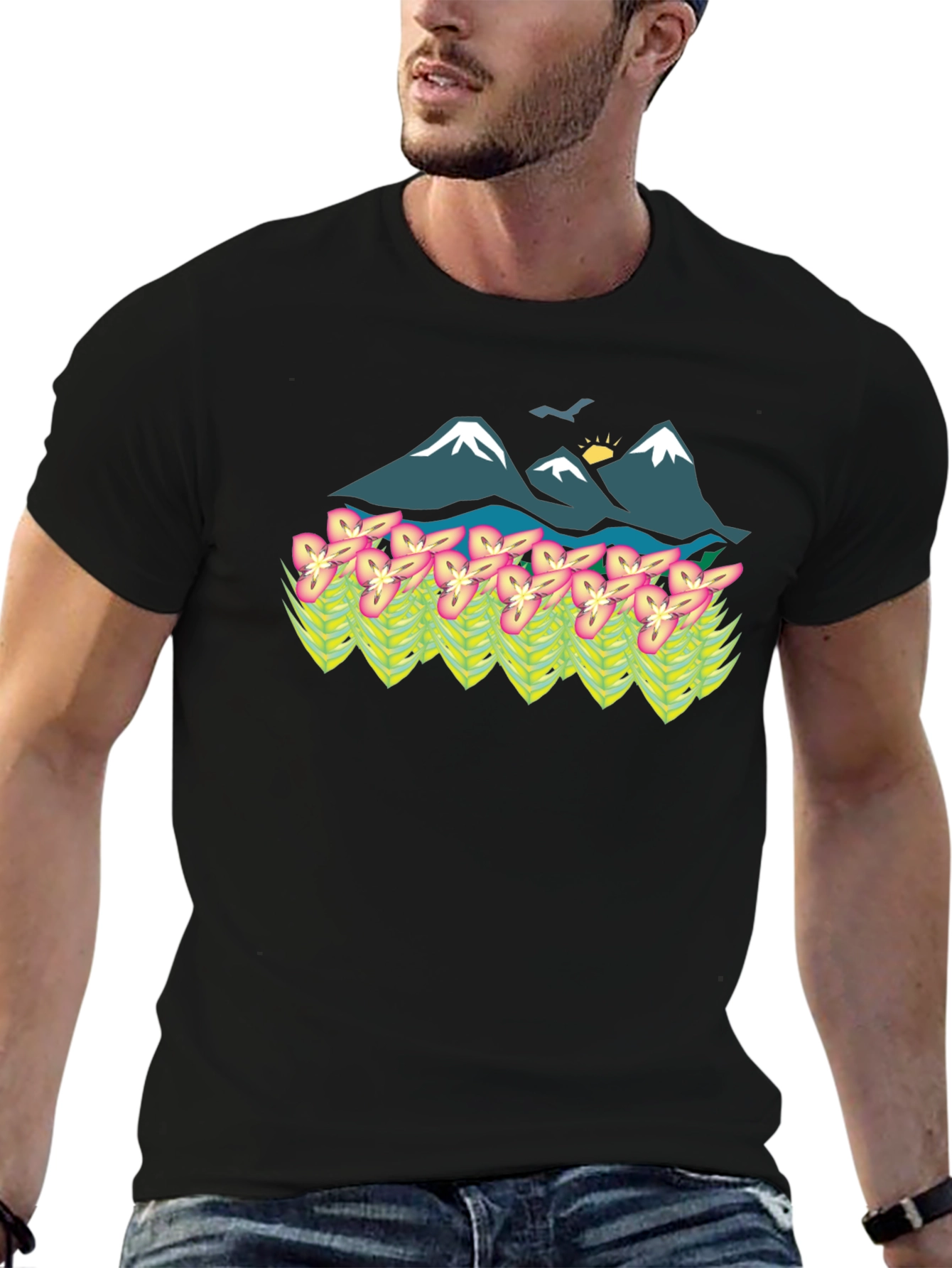 Mountain & Flower Graphic Tee - Black