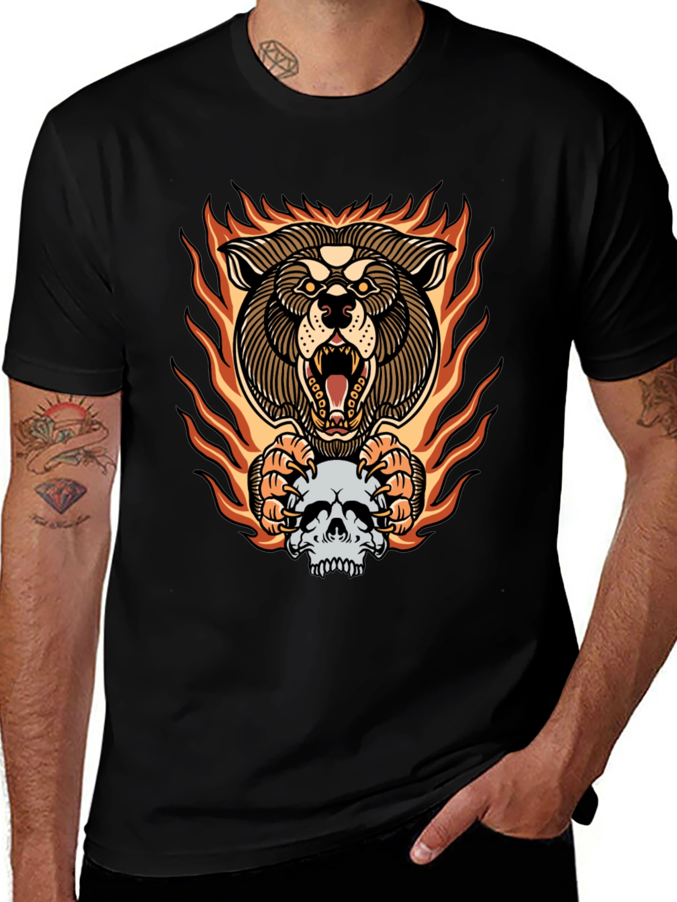 Fiery Wolf Skull Graphic Tee - Bold Black T-Shirt