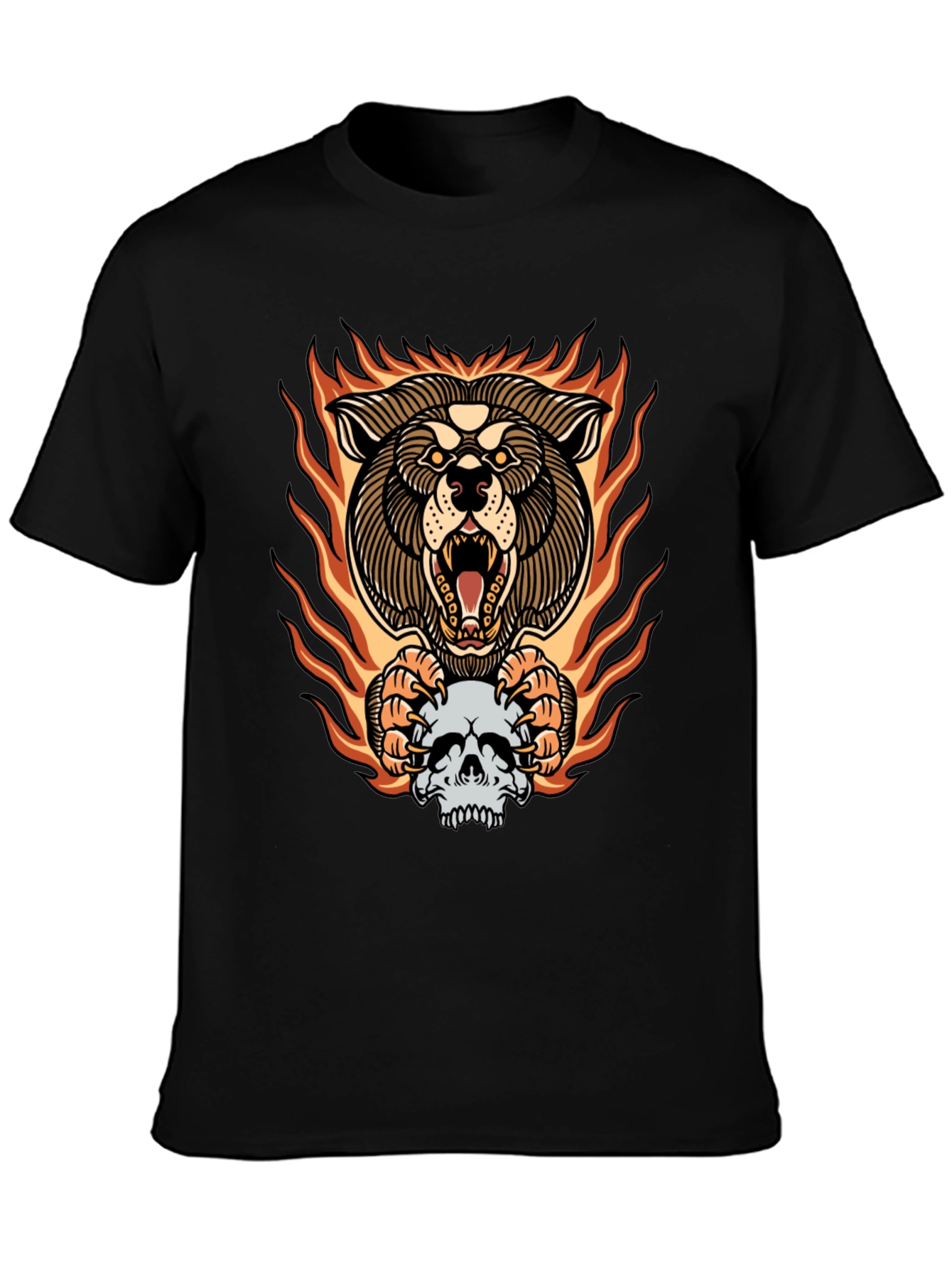 Fiery Wolf Skull Graphic Tee - Bold Black T-Shirt