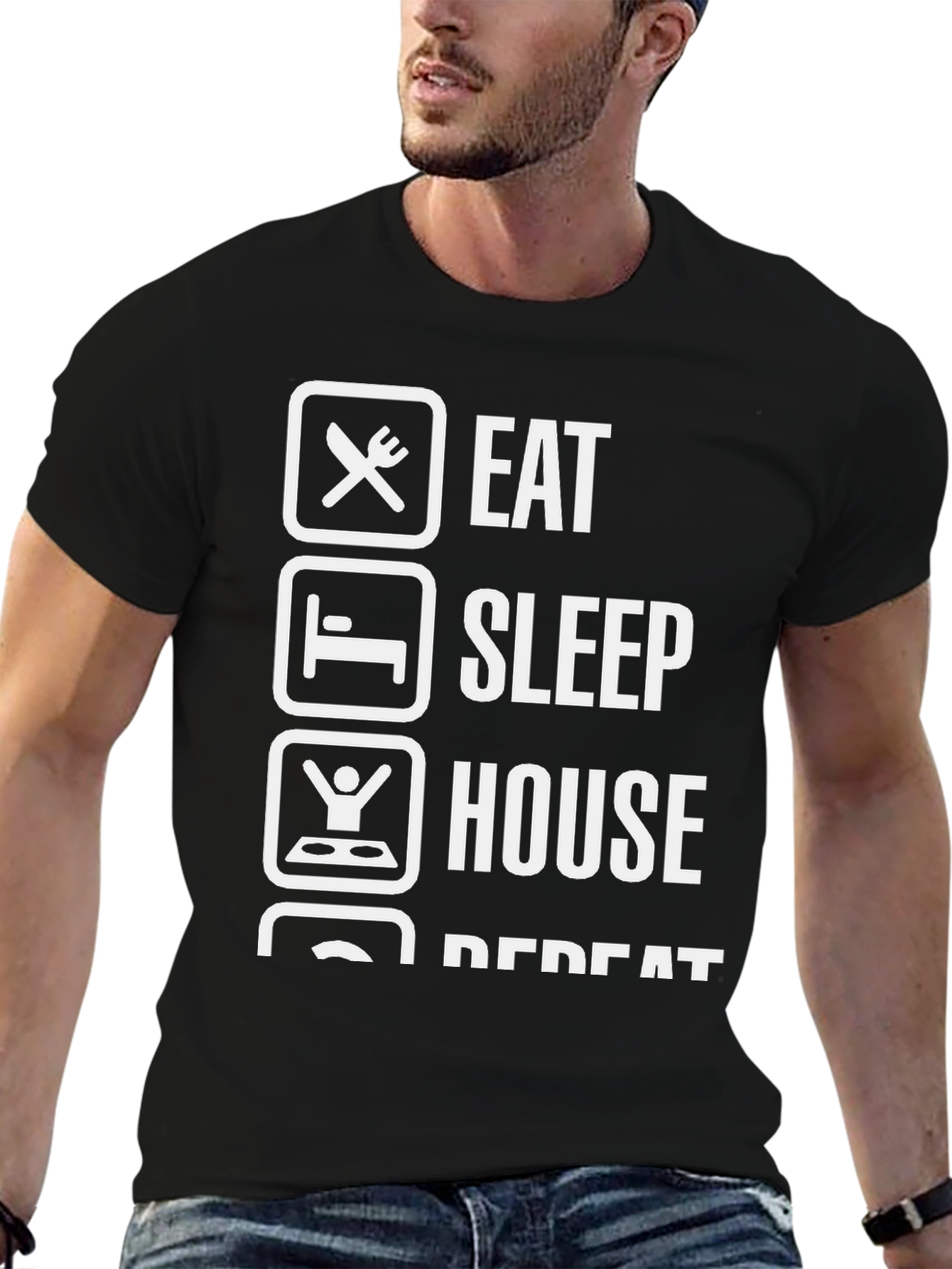 Eat Sleep House Repeat Black Graphic T-Shirt