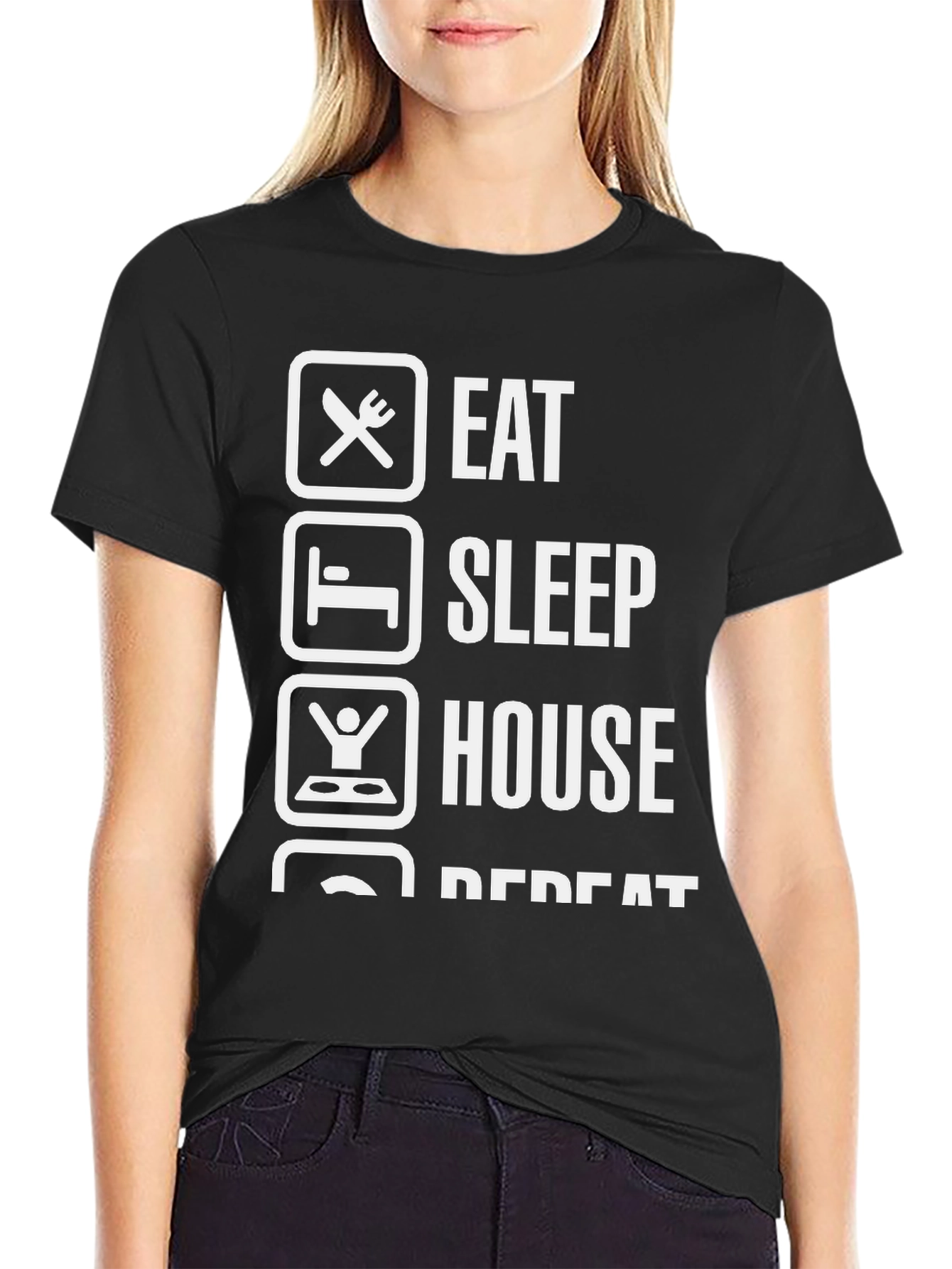 Eat Sleep House Repeat Black Graphic T-Shirt