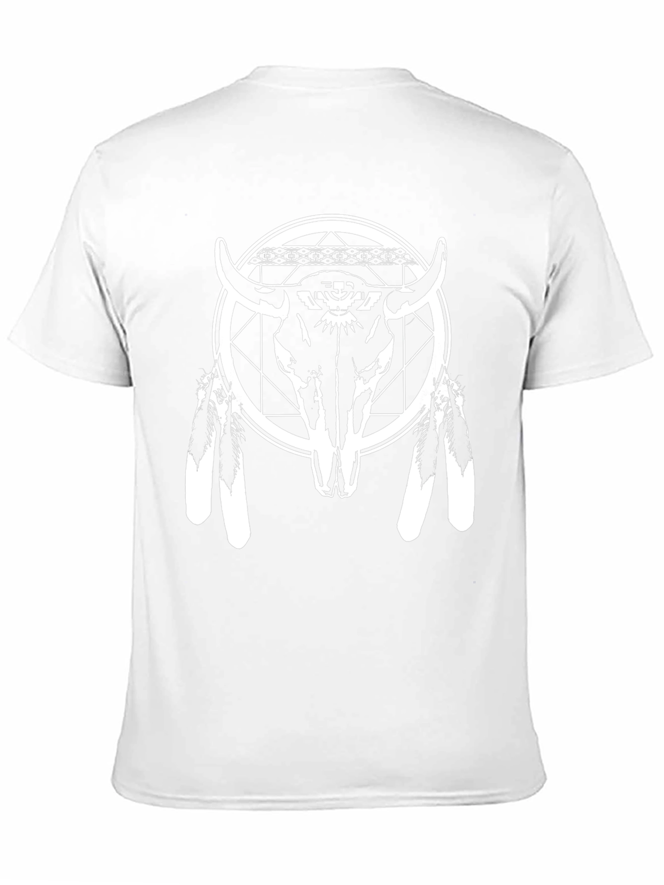 Black Graphic Tee: Bull Skull & Feather Design