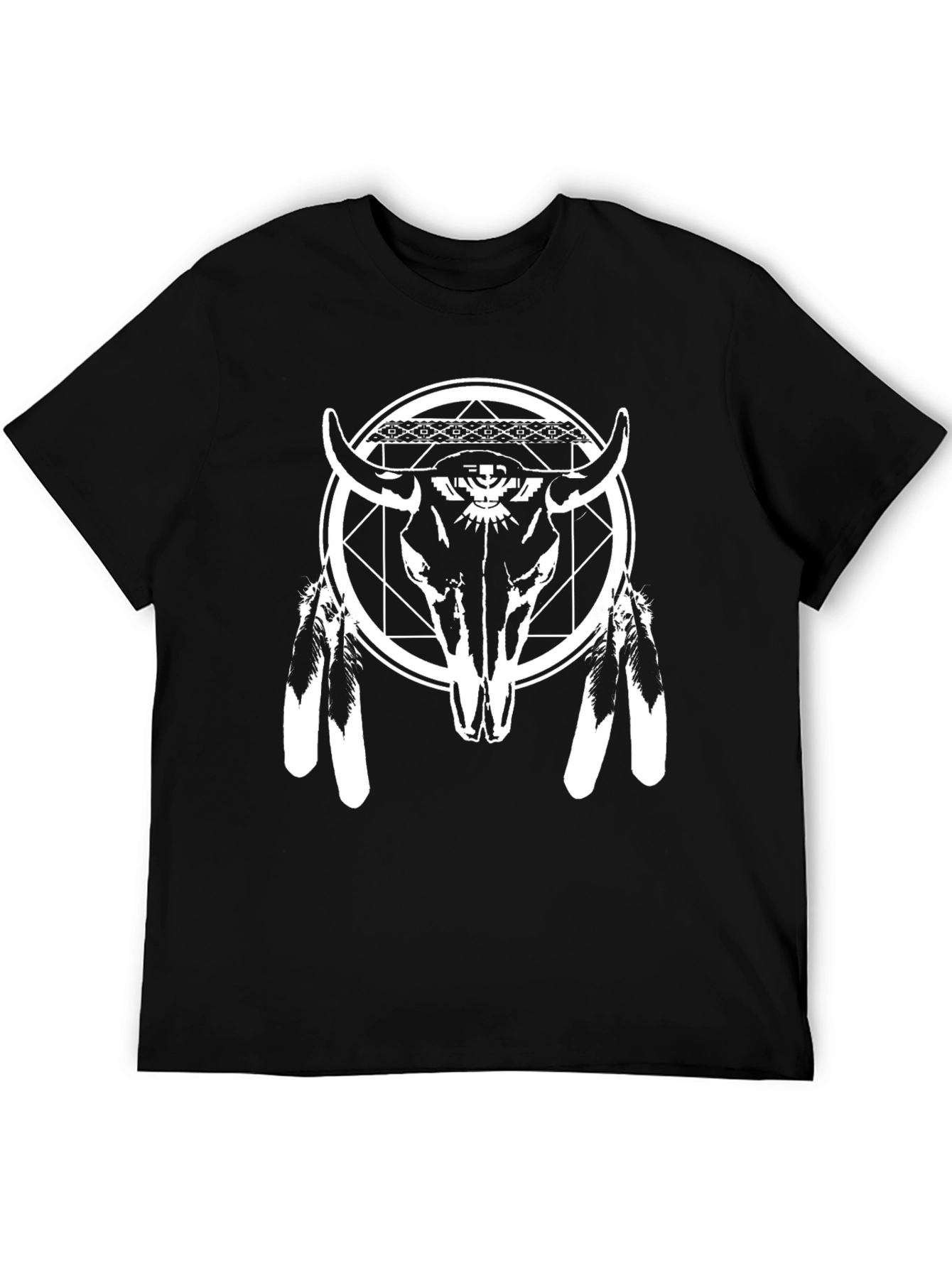 Black Graphic Tee: Bull Skull & Feather Design