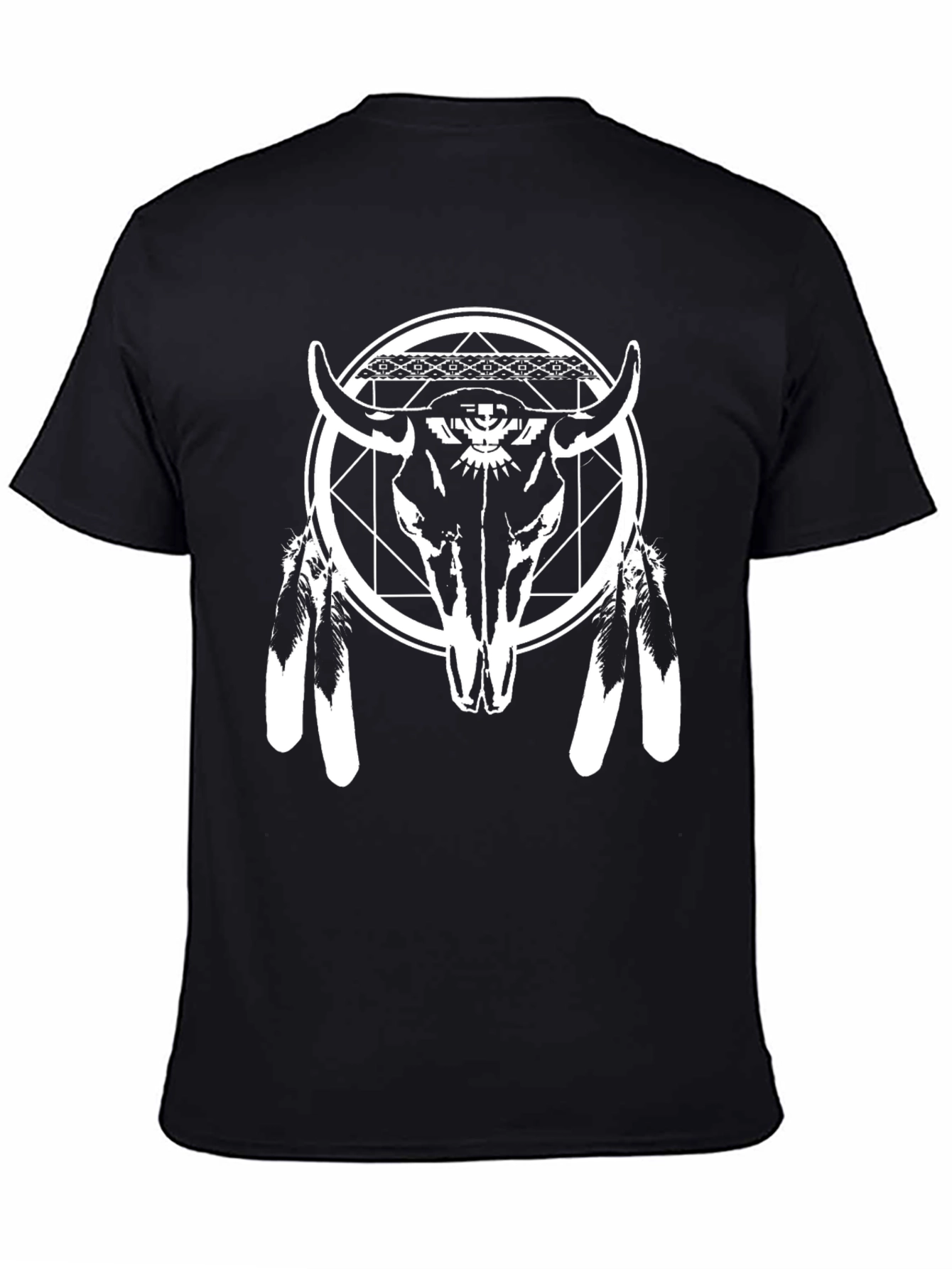 Black Graphic Tee: Bull Skull & Feather Design
