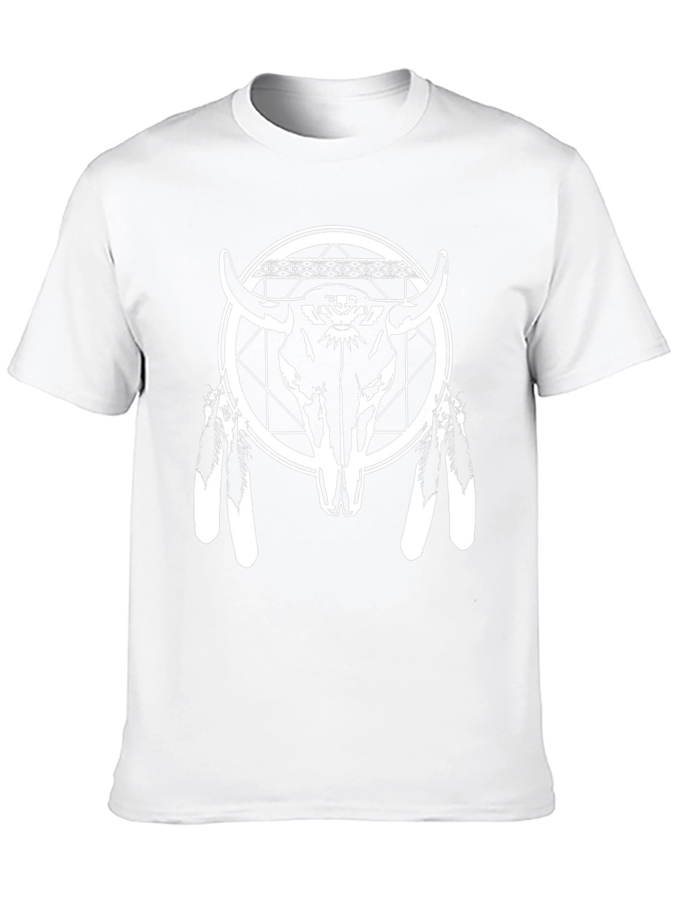 Black Graphic Tee: Bull Skull & Feather Design