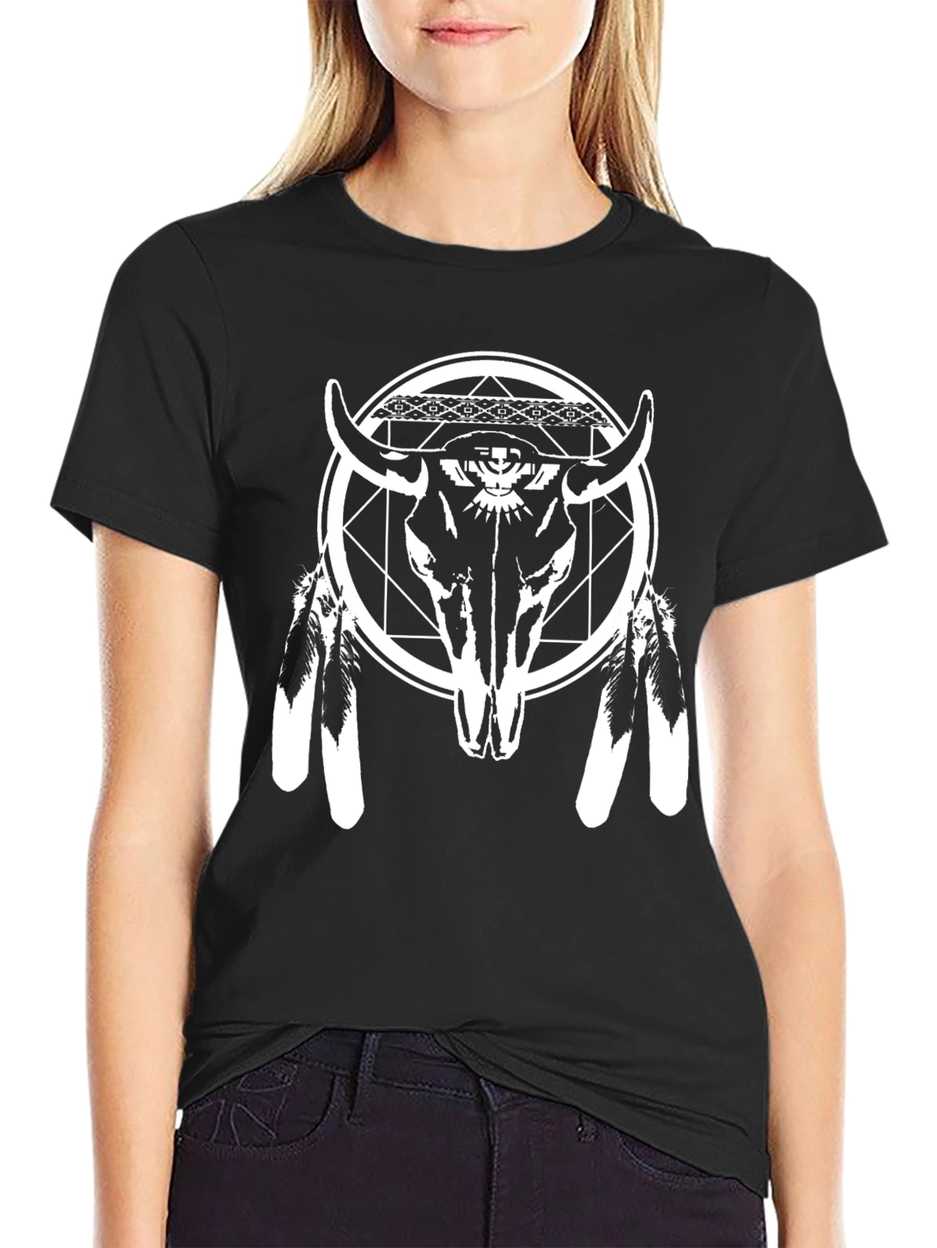 Black Graphic Tee: Bull Skull & Feather Design