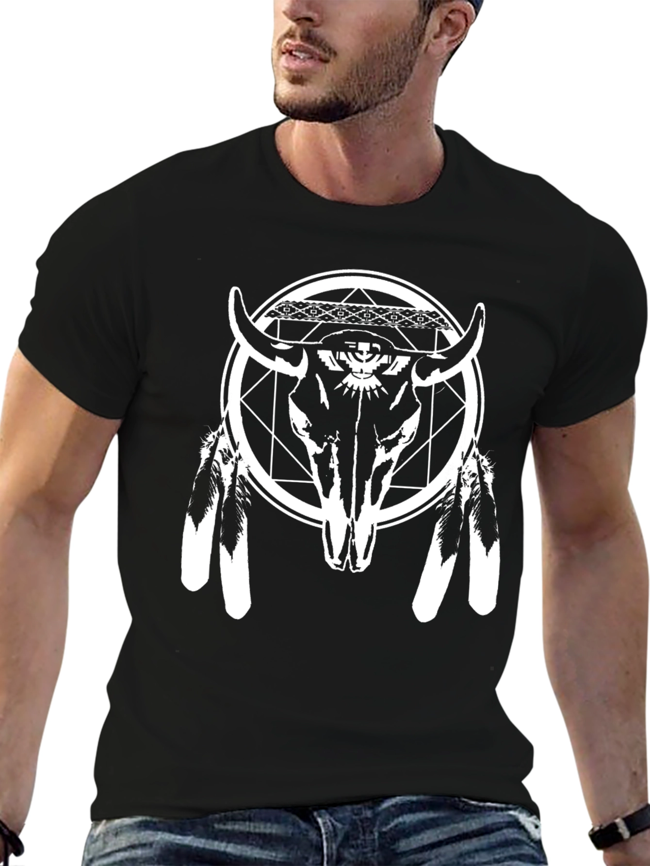 Black Graphic Tee: Bull Skull & Feather Design