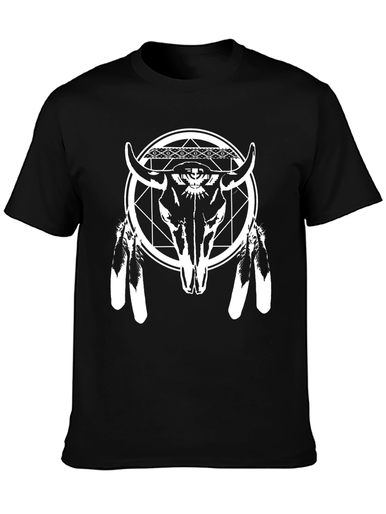 Black Graphic Tee: Bull Skull & Feather Design