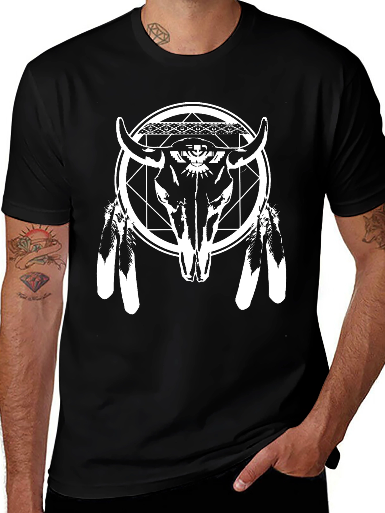 Black Graphic Tee: Bull Skull & Feather Design