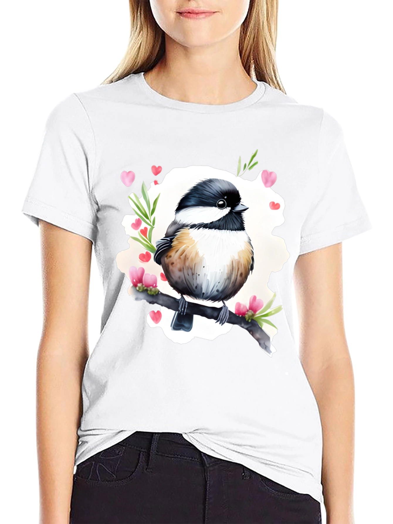 Cute Bird with Hearts Black T-Shirt