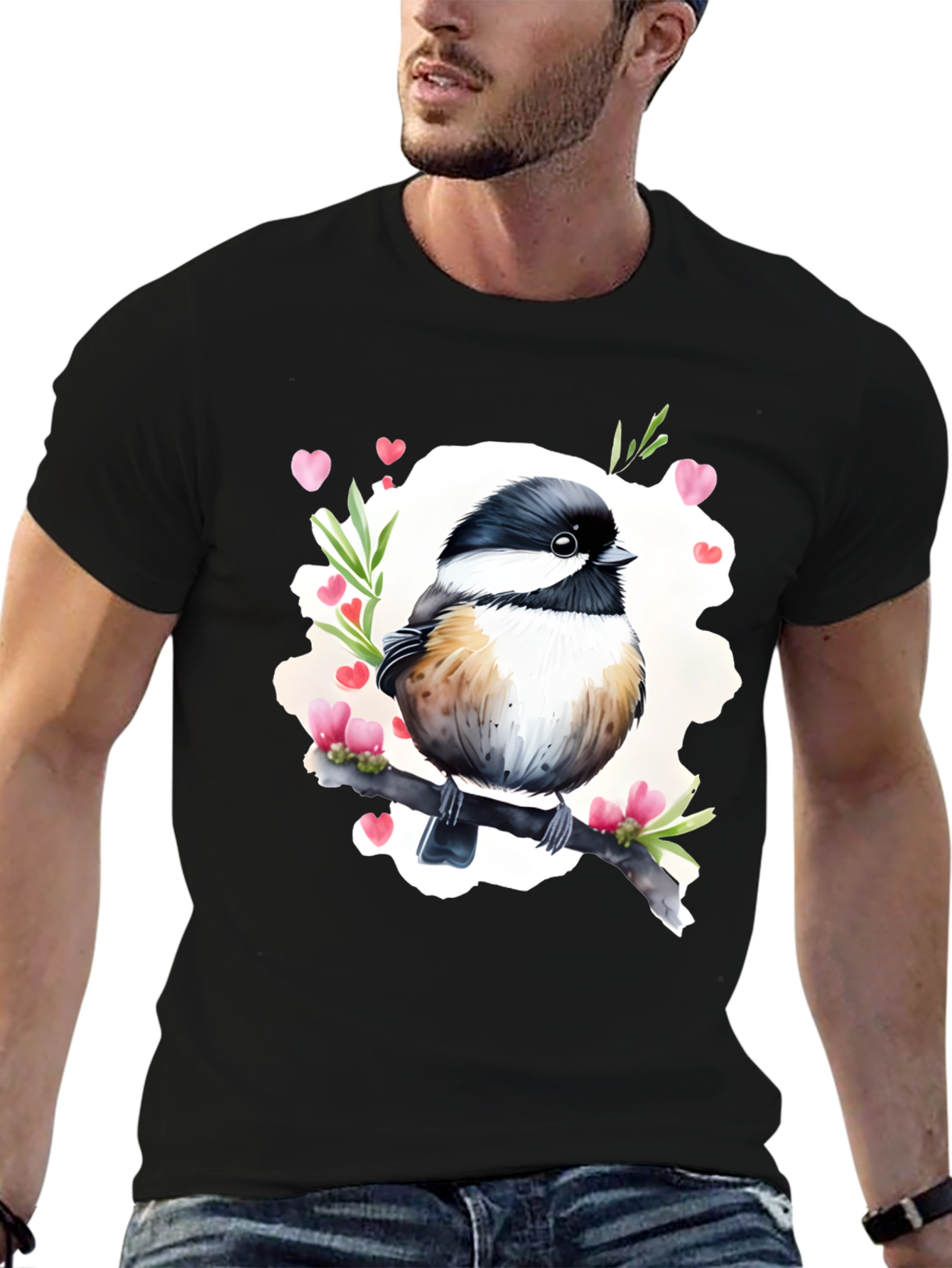 Cute Bird with Hearts Black T-Shirt