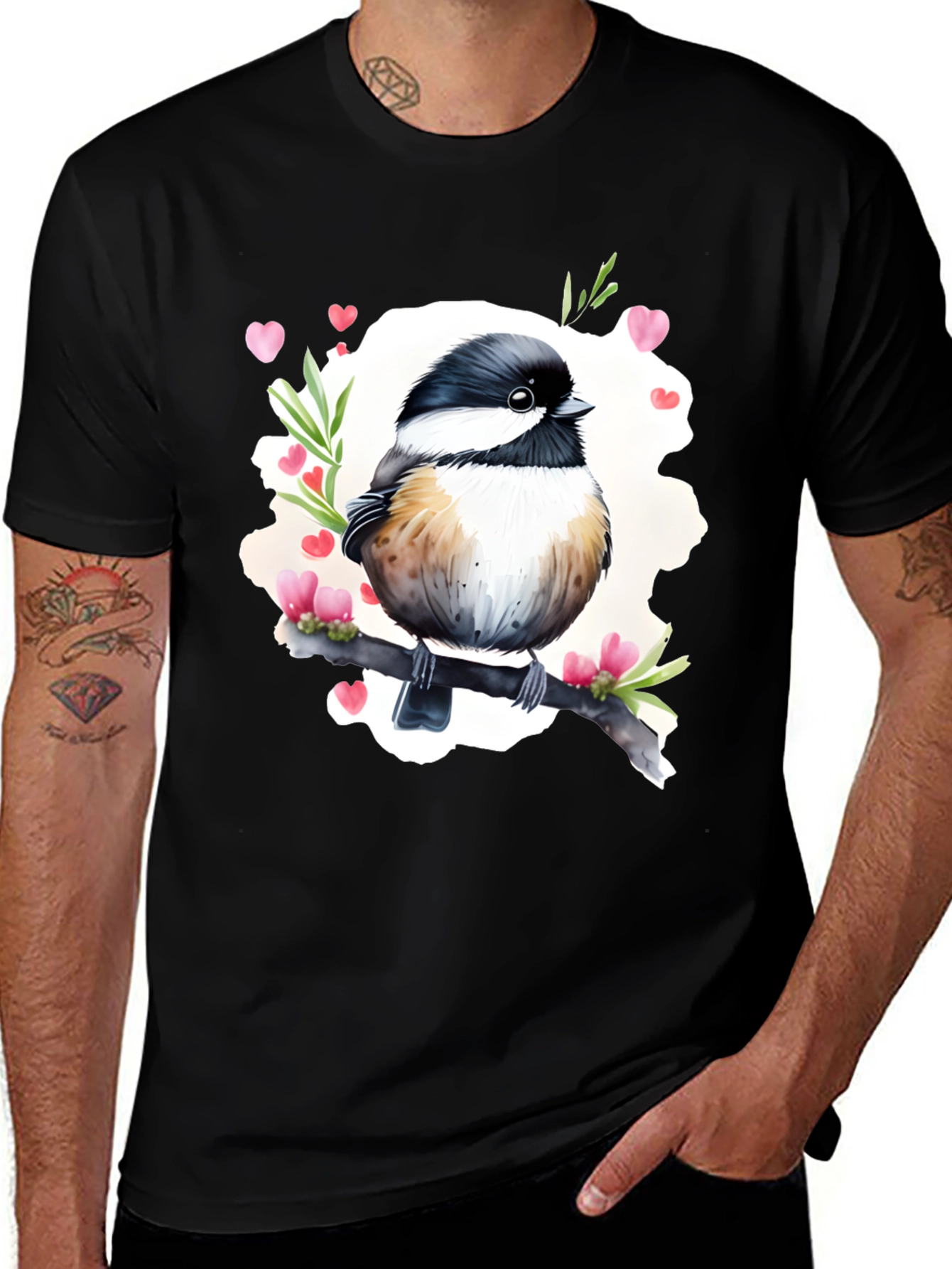 Cute Bird with Hearts Black T-Shirt