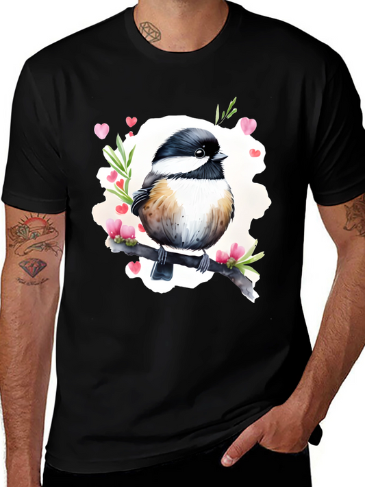 Cute Bird with Hearts Black T-Shirt