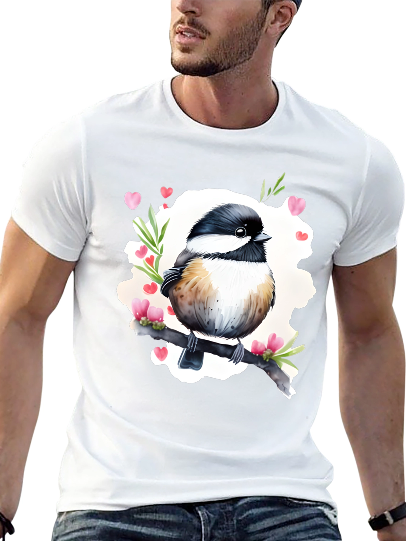 Cute Bird with Hearts Black T-Shirt