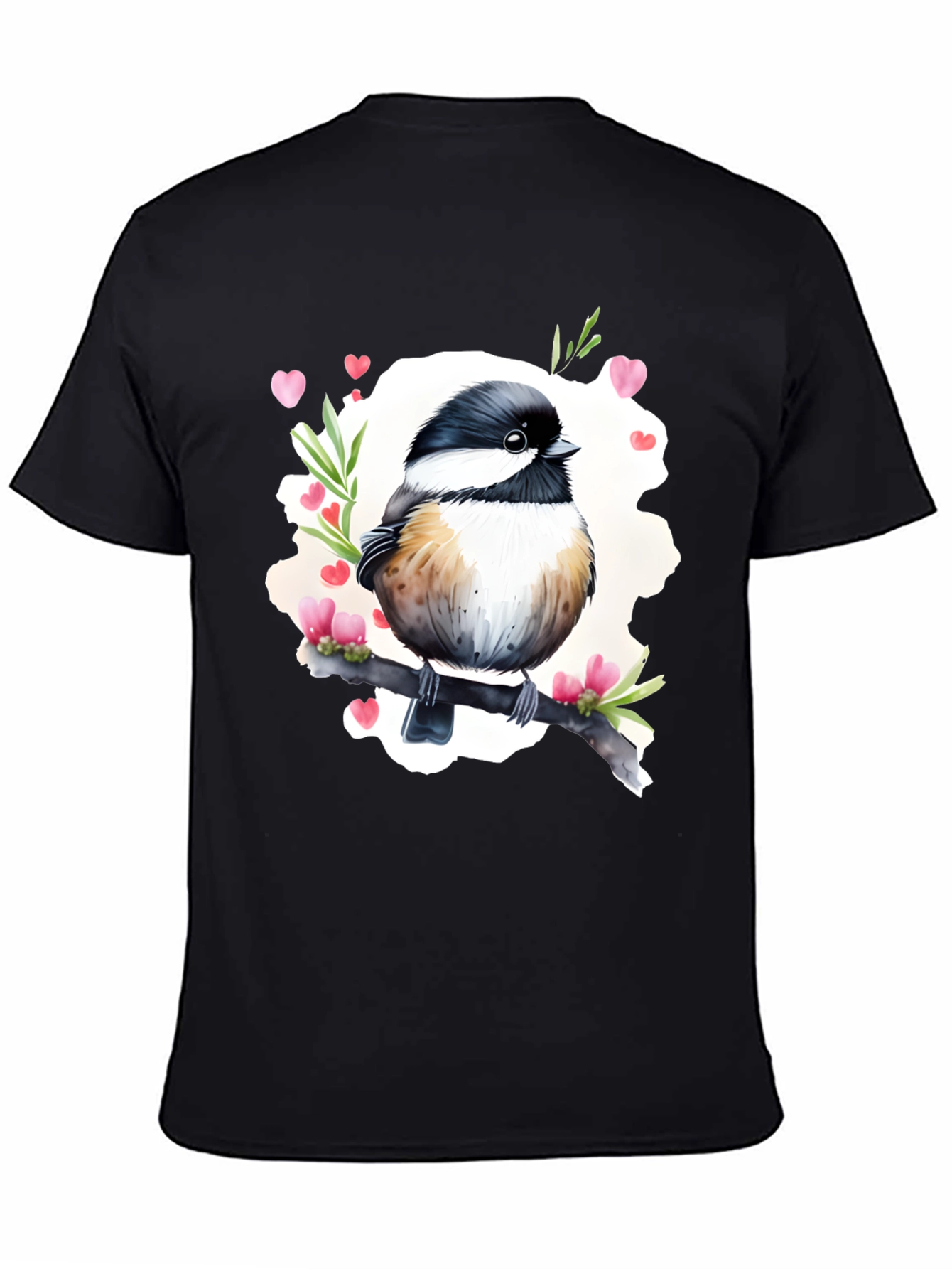Cute Bird with Hearts Black T-Shirt