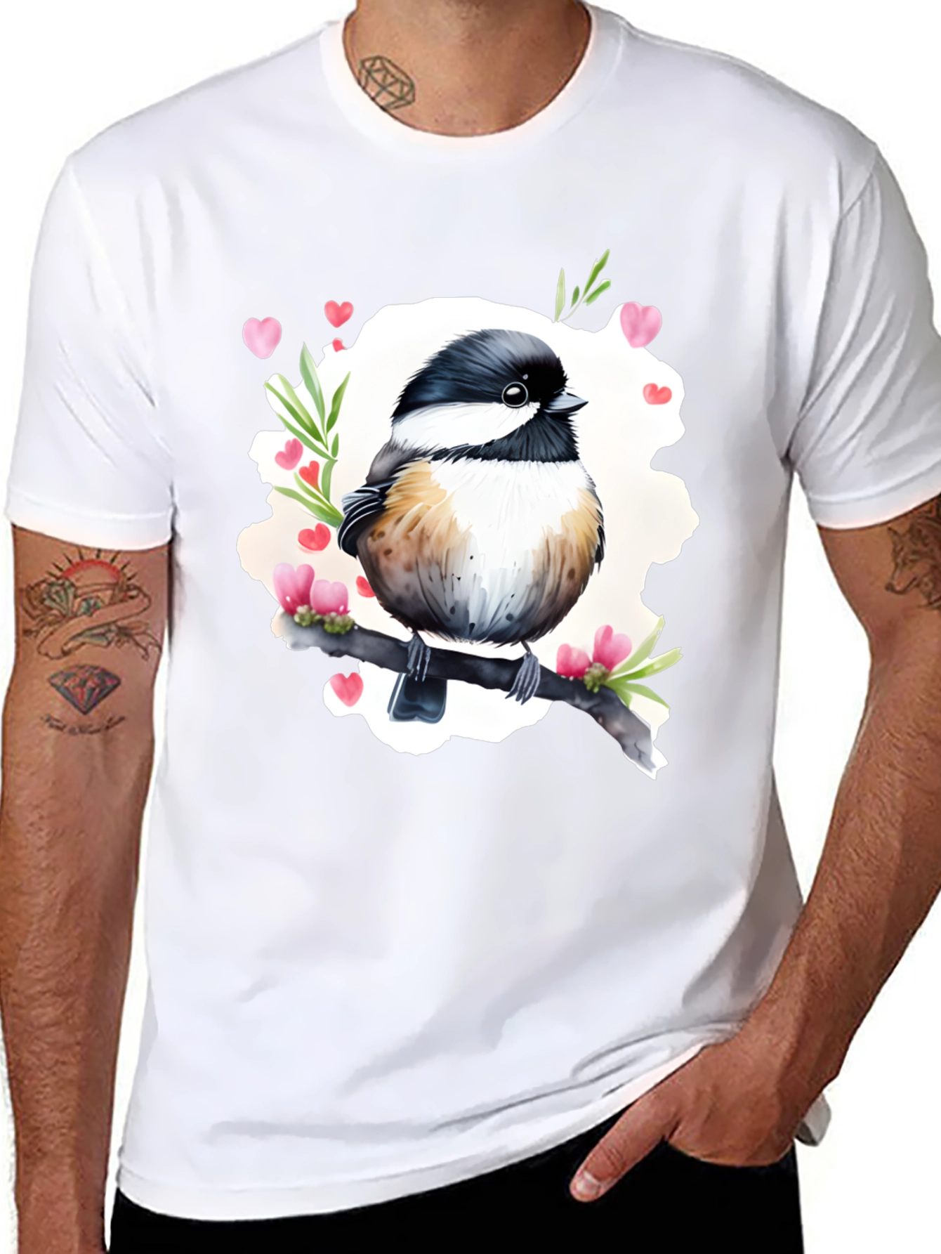 Cute Bird with Hearts Black T-Shirt