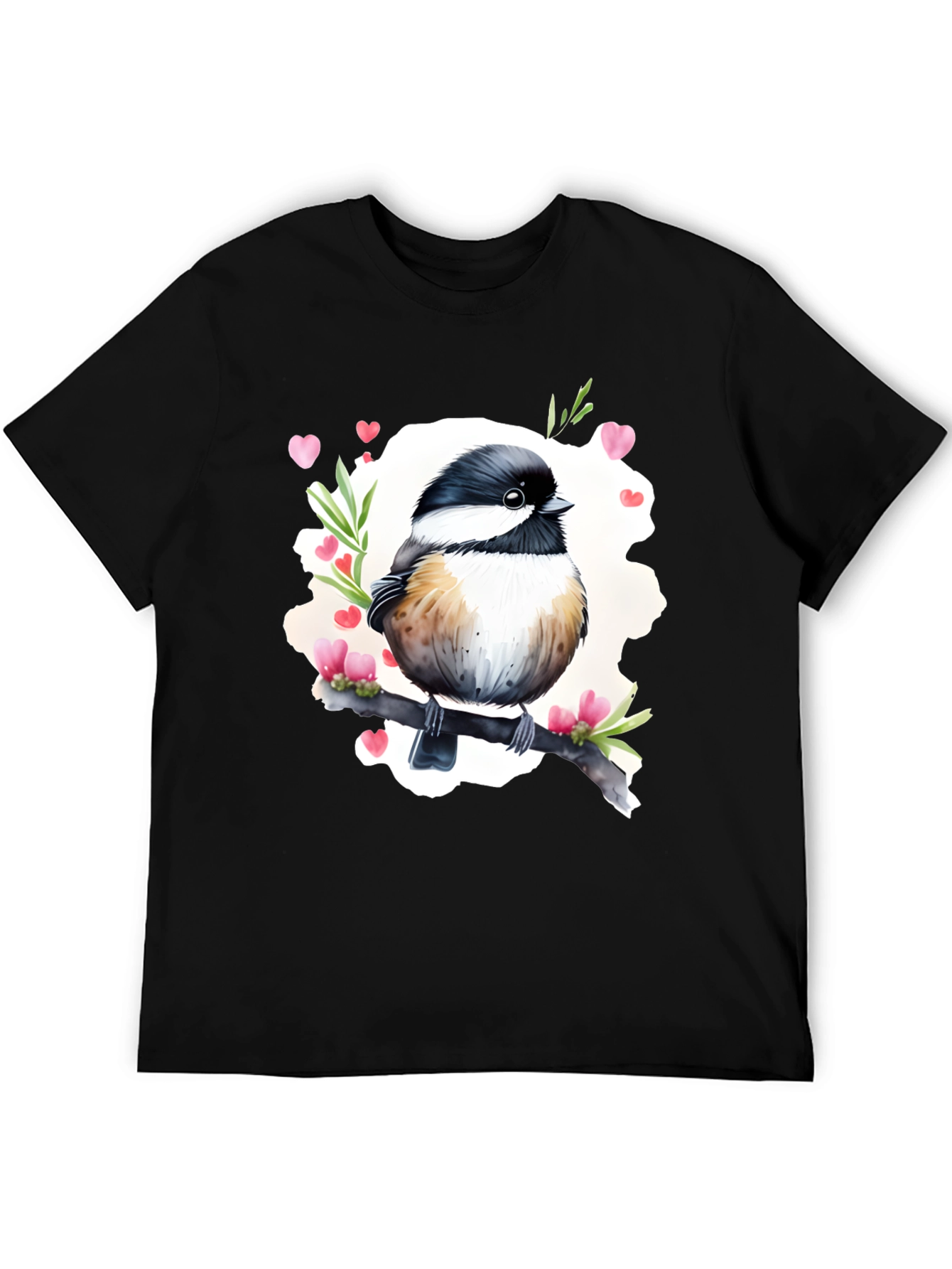 Cute Bird with Hearts Black T-Shirt