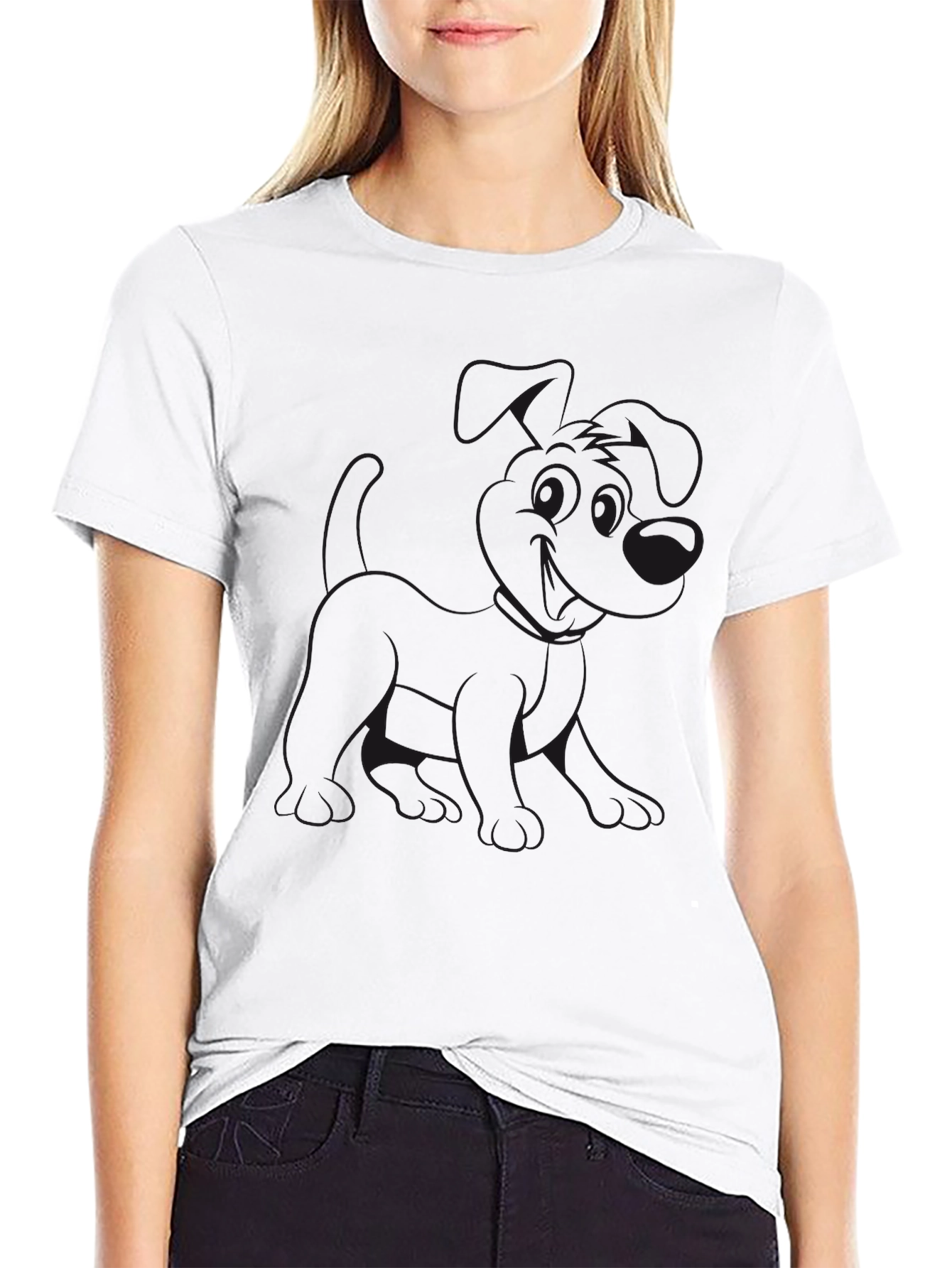 Black Crew Neck T-Shirt with Dog Graphic