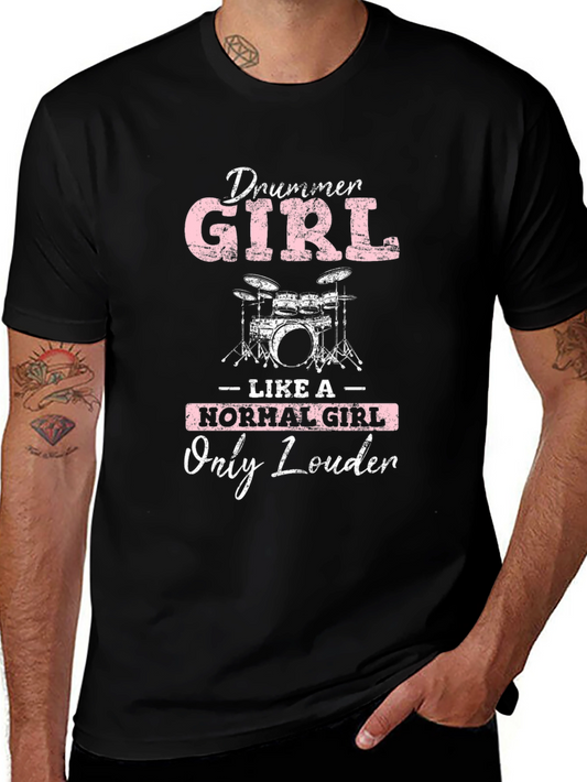 Drummer Girl Loud Music Black Graphic Tee