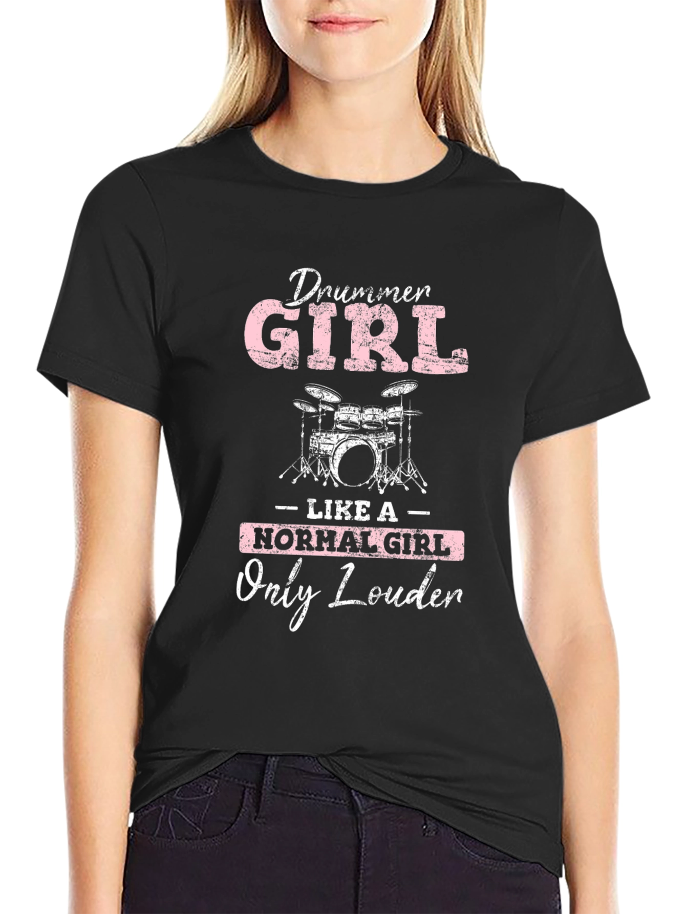 Drummer Girl Loud Music Black Graphic Tee