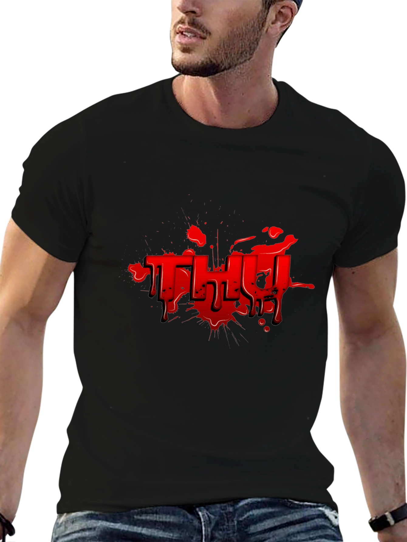 Red Graphic Print Black T-Shirt