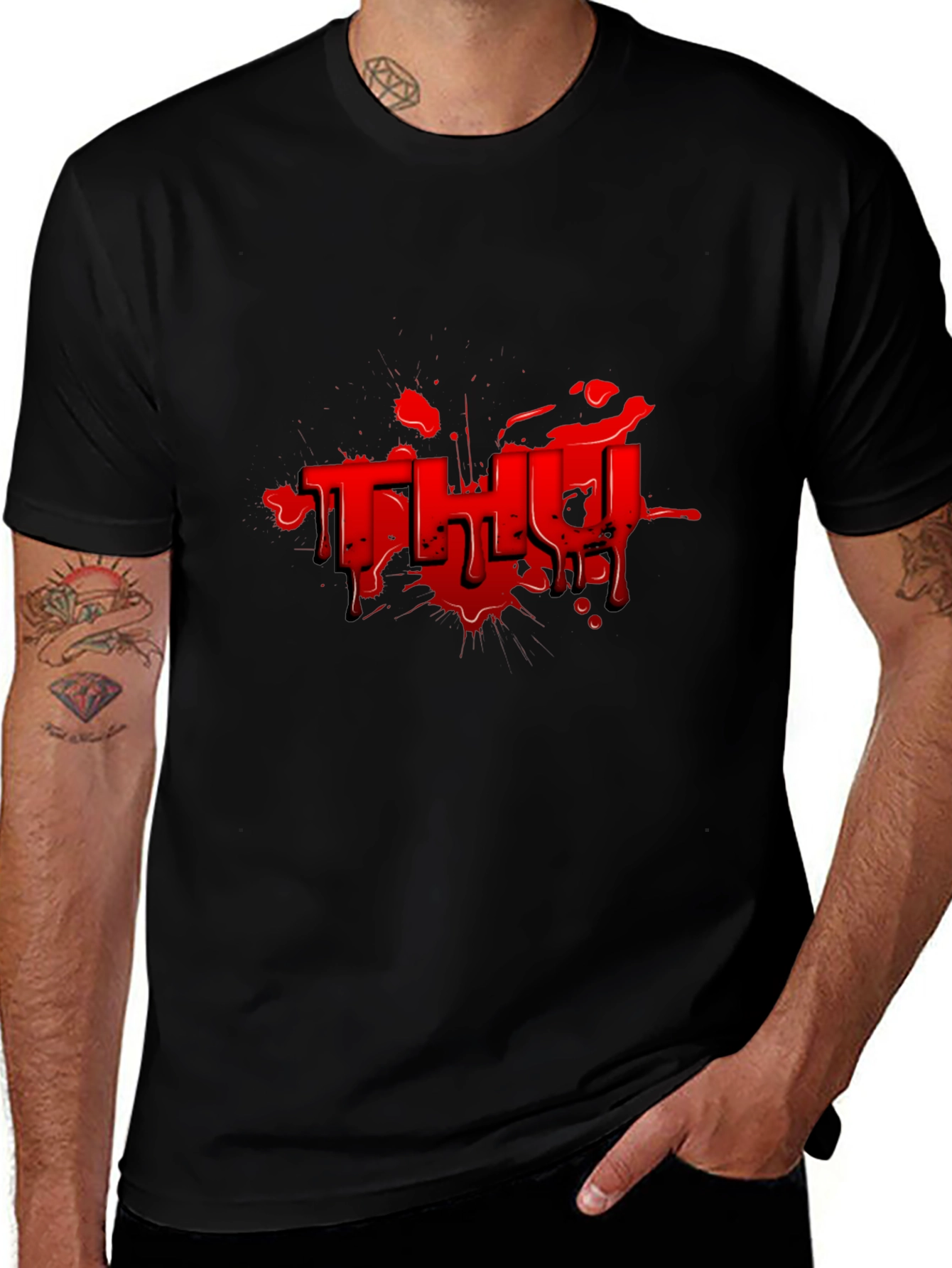 Red Graphic Print Black T-Shirt