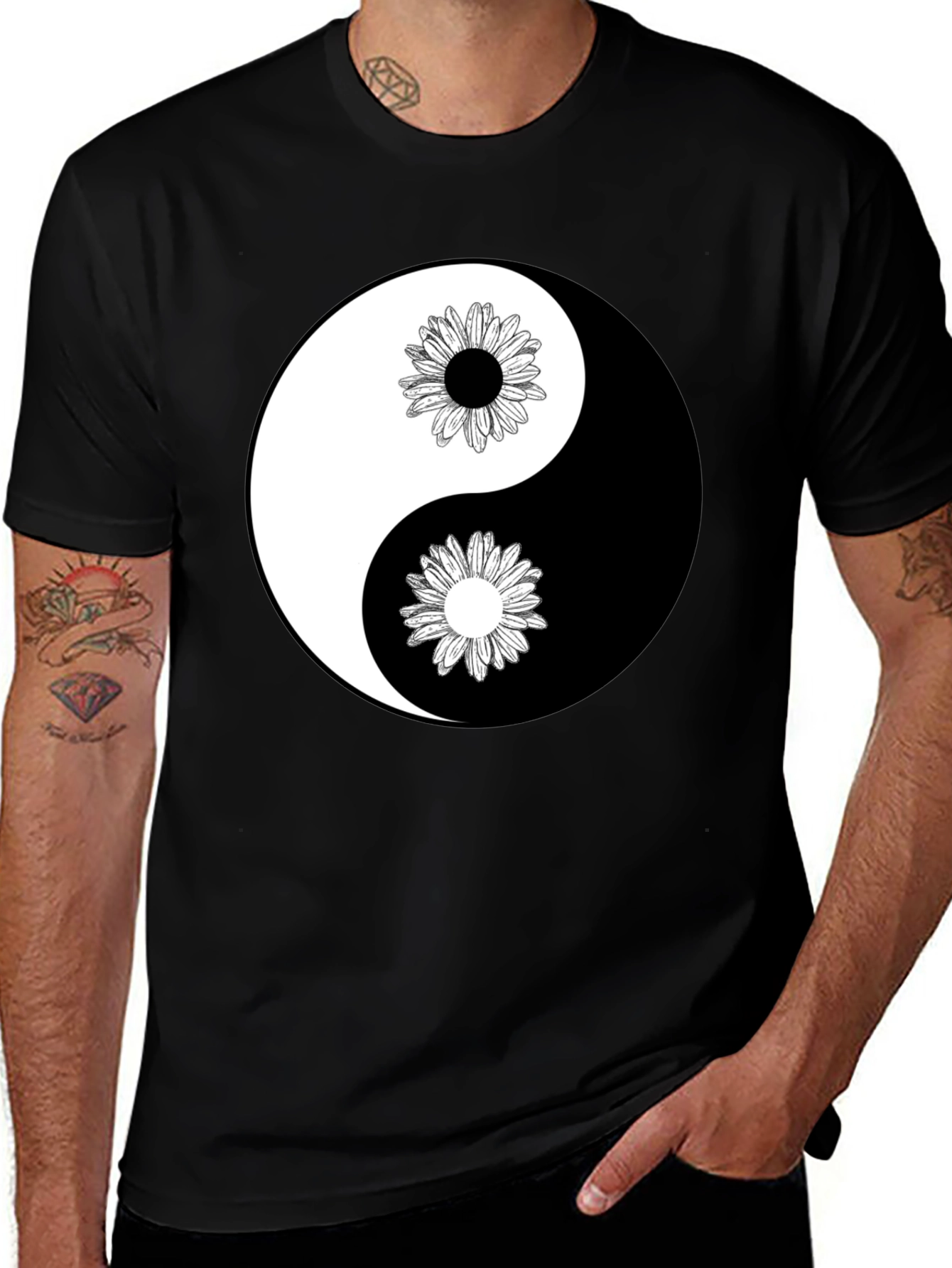 Yin Yang Daisy Graphic Tee - Black Cotton Blend