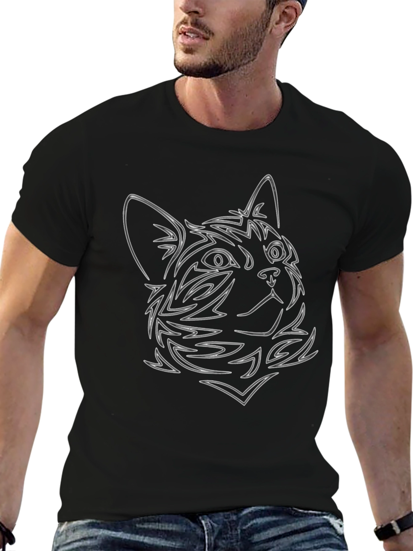 Cat Outline Graphic Black Tee