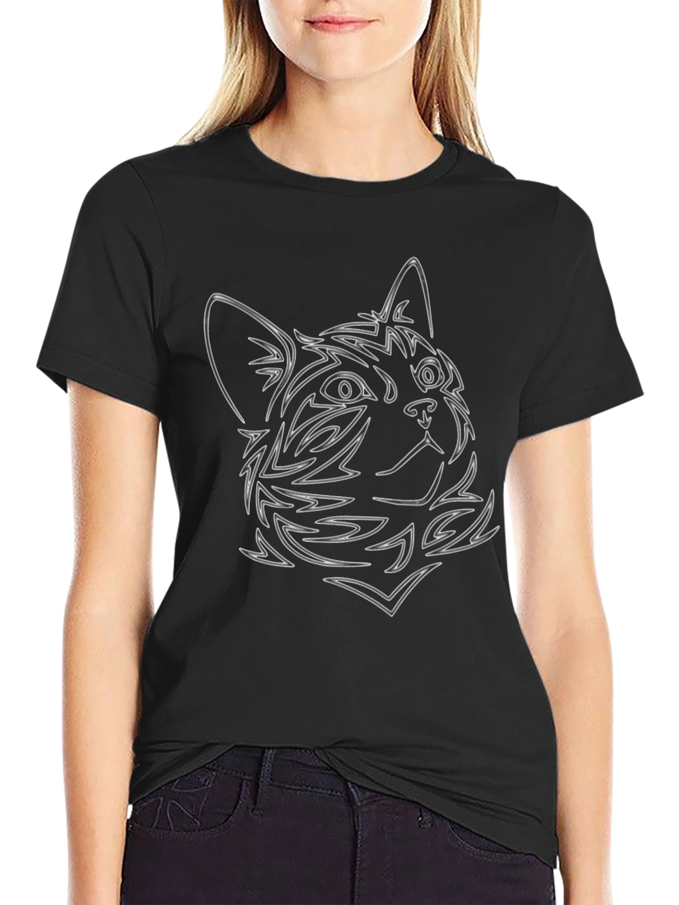 Cat Outline Graphic Black Tee