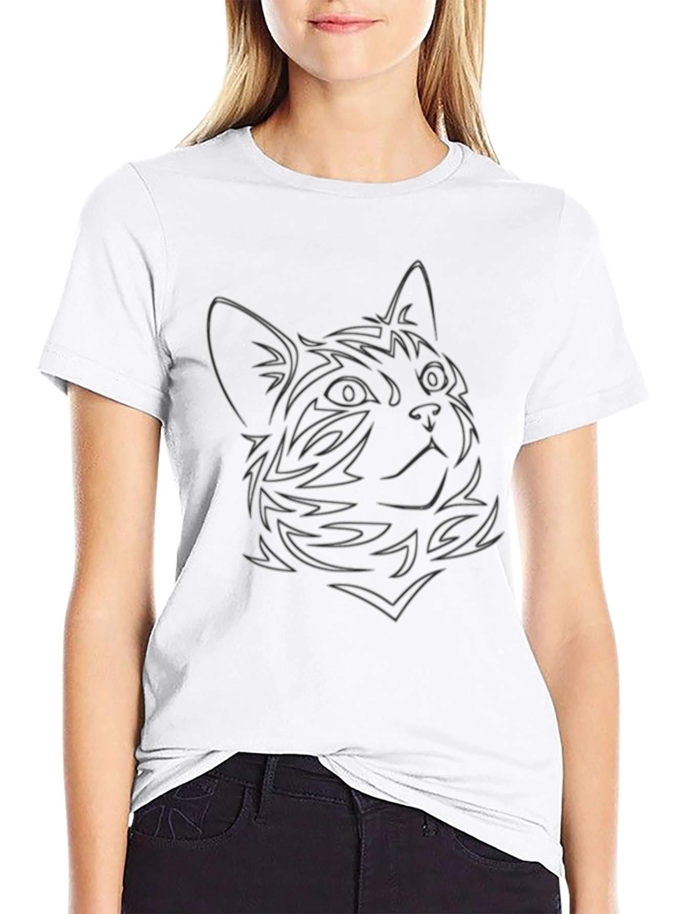 Cat Outline Graphic Black Tee