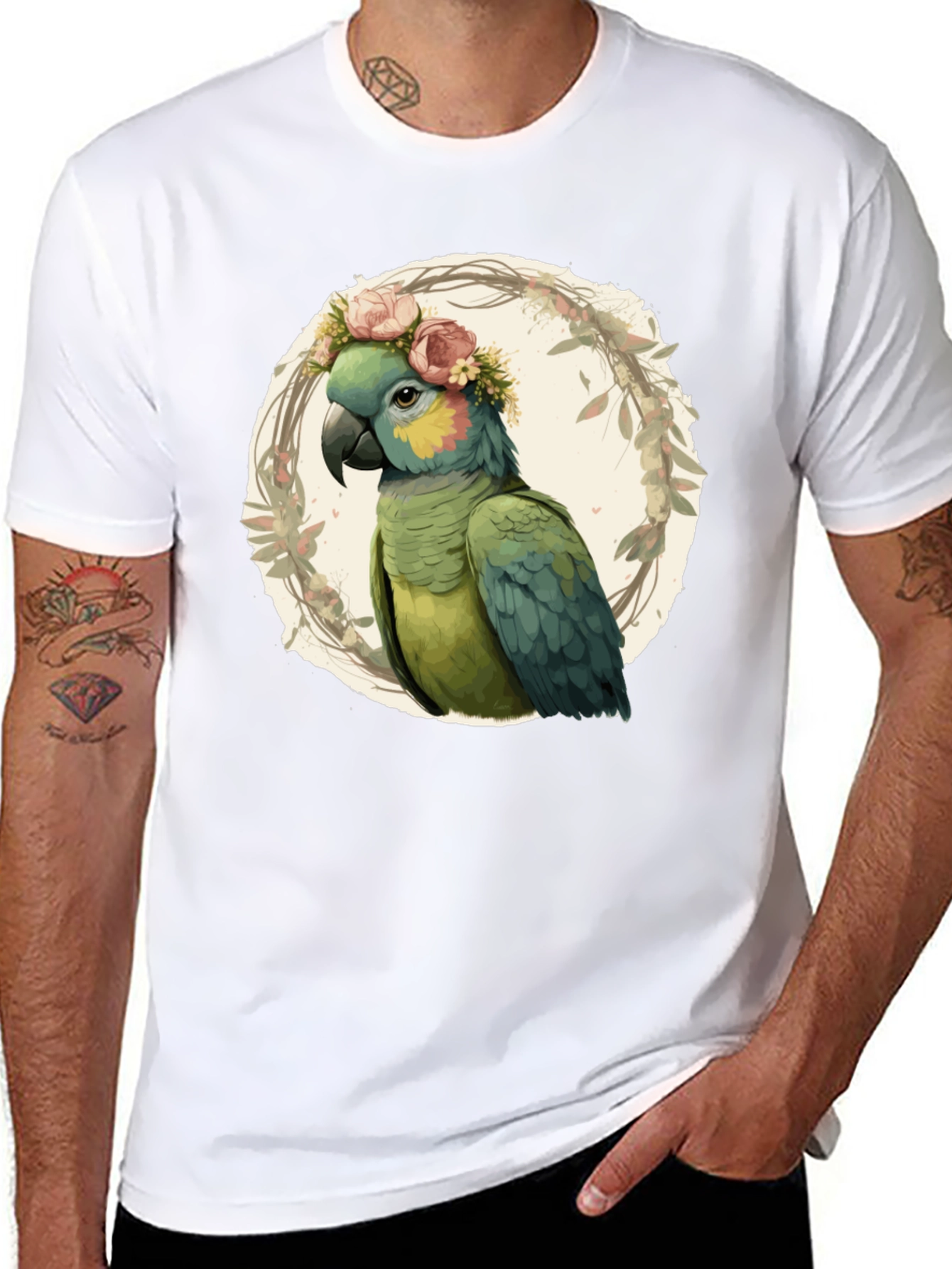 Parrot Floral Wreath Graphic T-Shirt