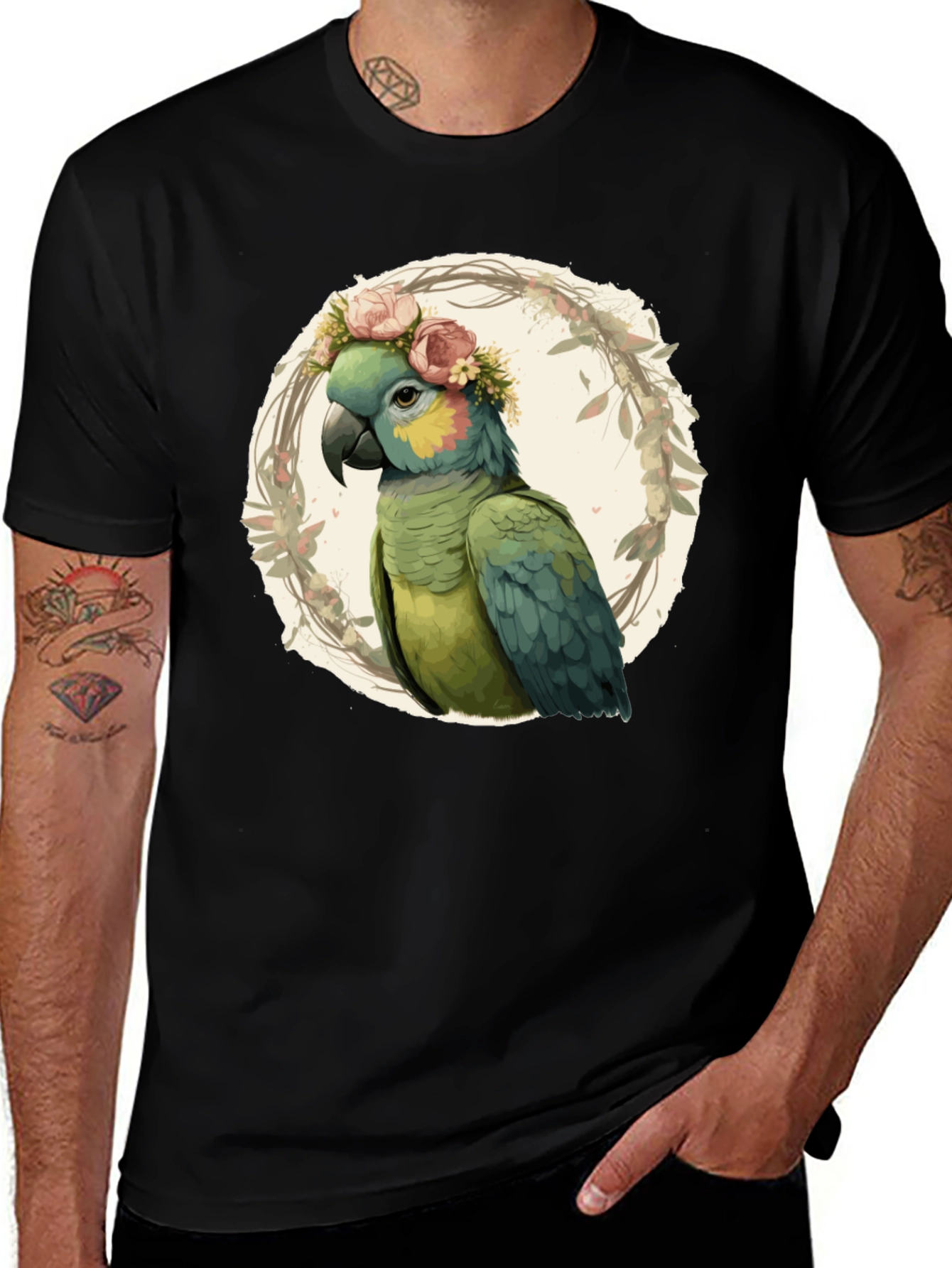 Parrot Floral Wreath Graphic T-Shirt