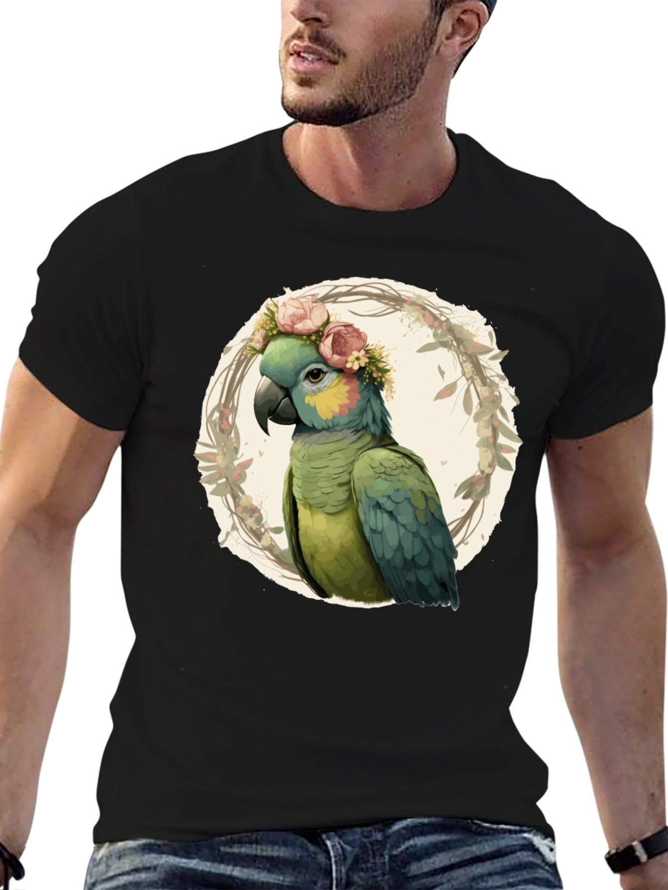 Parrot Floral Wreath Graphic T-Shirt