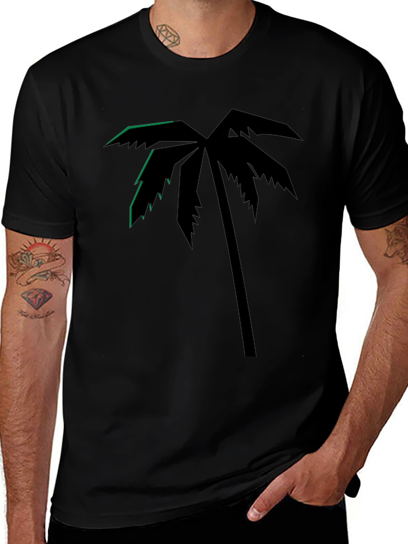 Tropical Palm Tree Graphic Tee - Black Cotton T-Shirt
