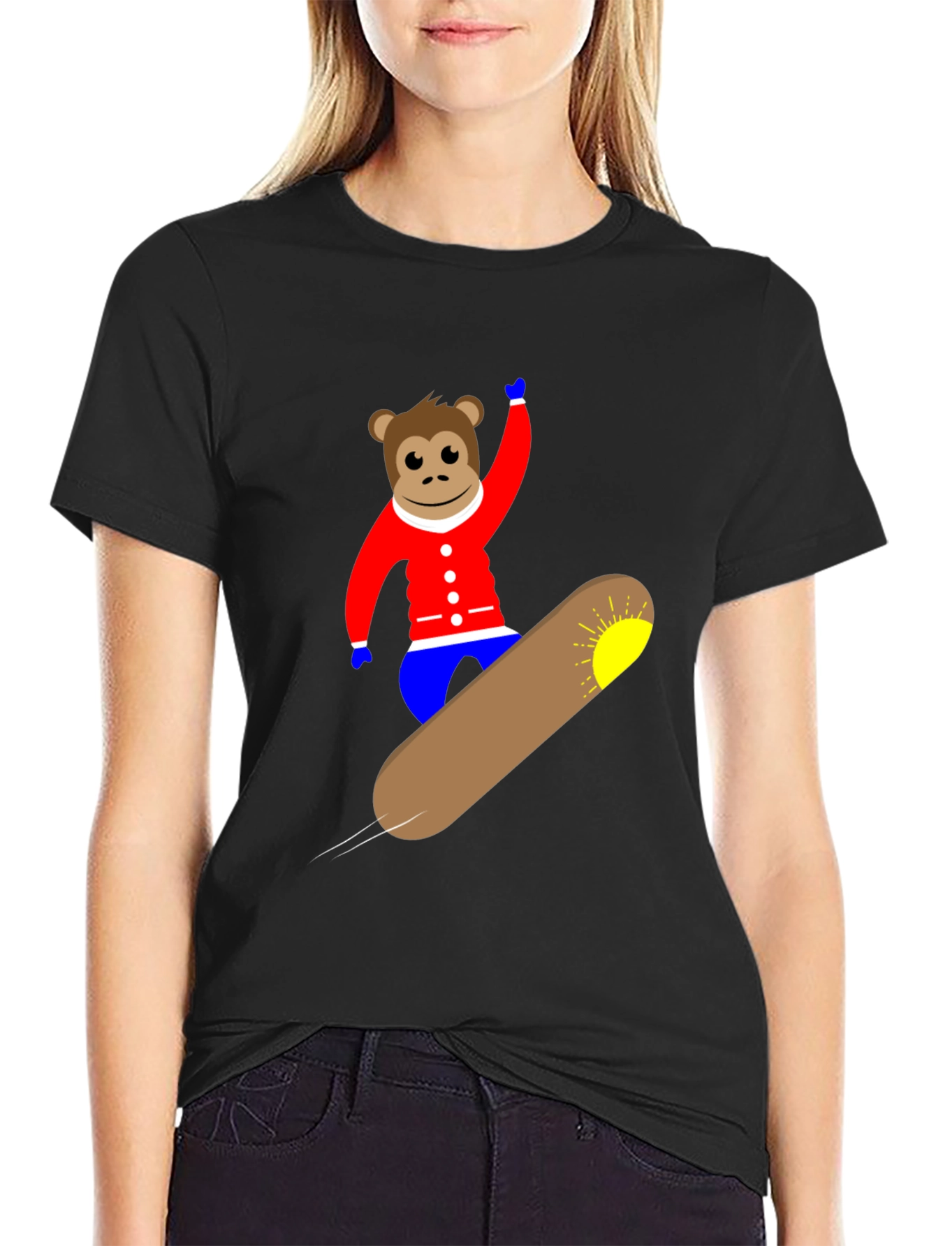 Monkey Snowboard T-Shirt - Black Fun Design