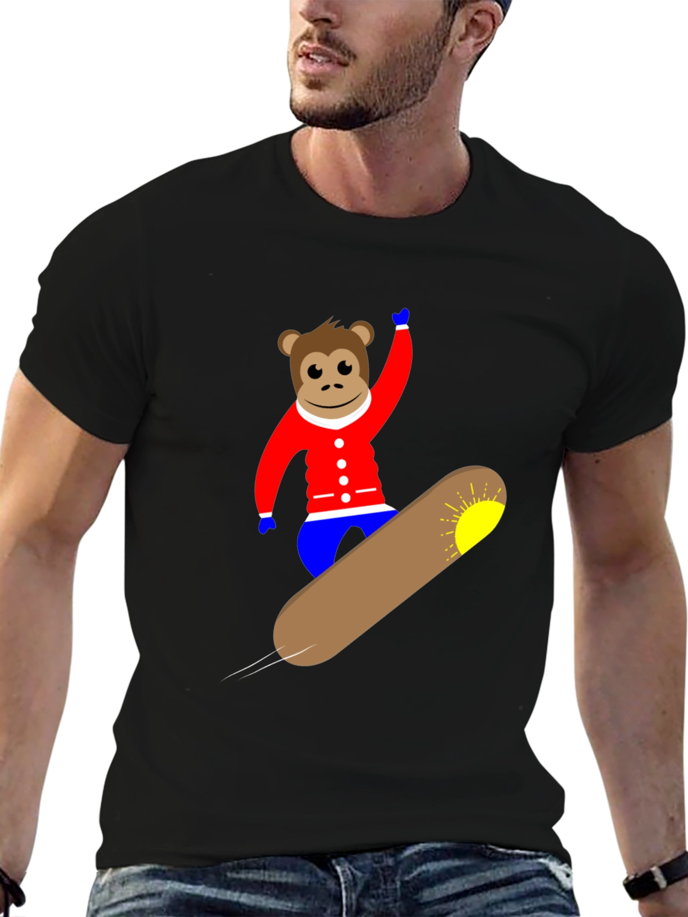 Monkey Snowboard T-Shirt - Black Fun Design