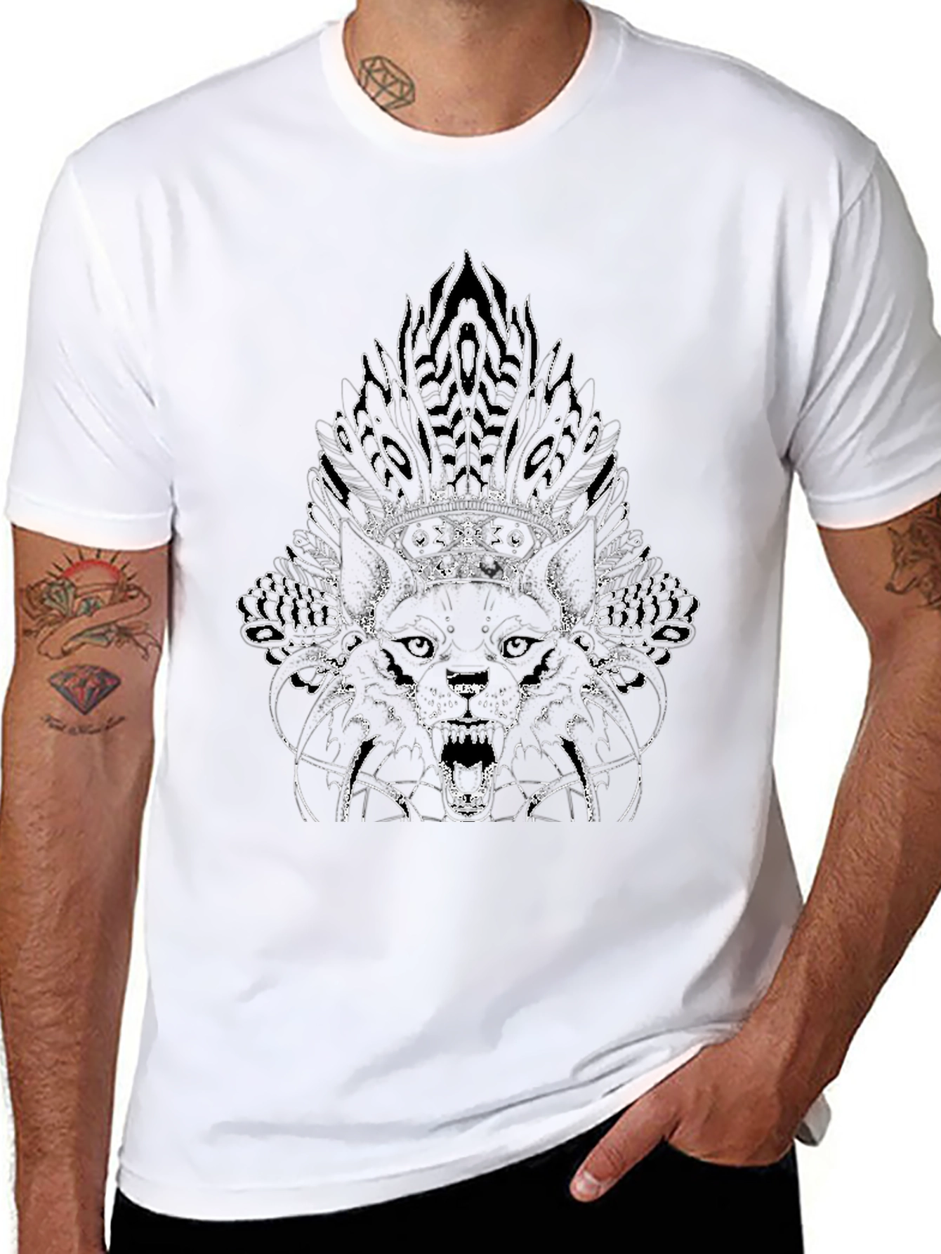 Wolf Headdress Graphic Print Black T-Shirt