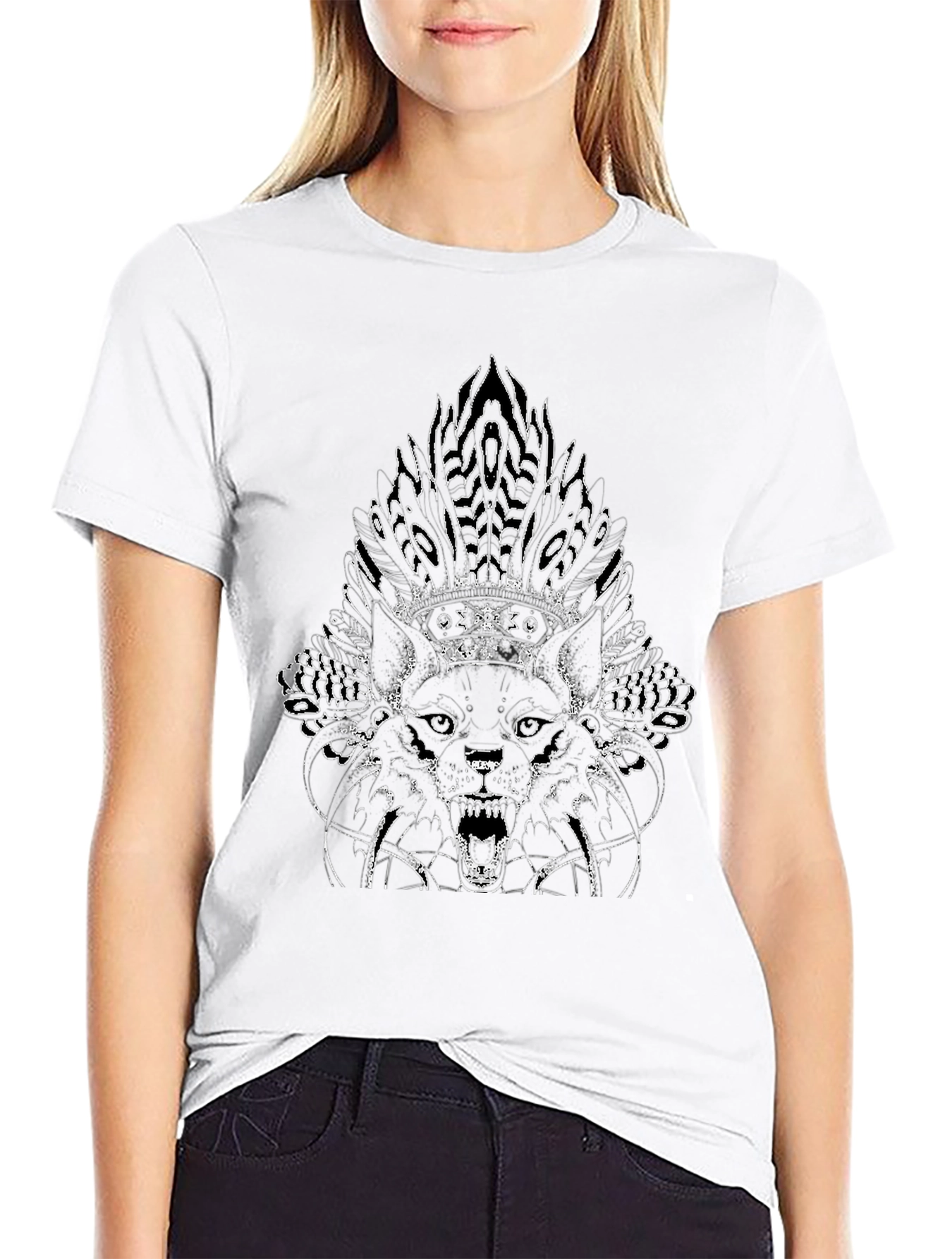 Wolf Headdress Graphic Print Black T-Shirt