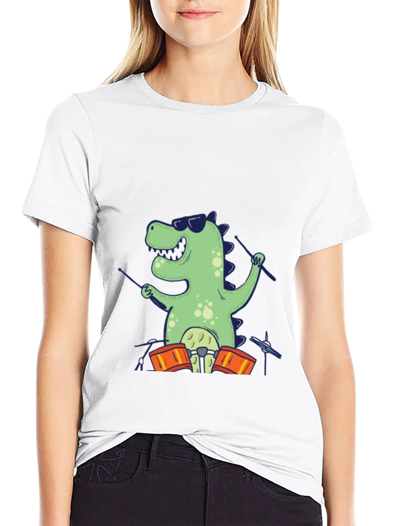 Dino Drummer T-Shirt - Cool Cartoon Design