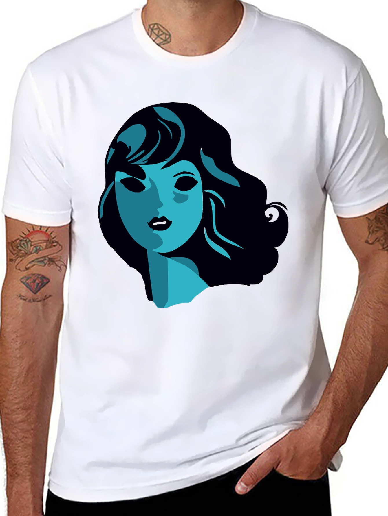 Stylish Graphic Tee -  Blue Woman Portrait T-Shirt